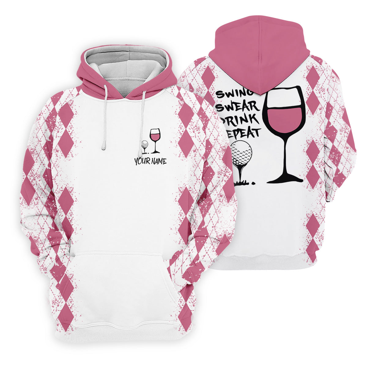 Swing Swear Drink Repeat Pink Argyle Golf Shirt, Fun Womens Golf Shirts, White Polo Women, Ladies Golf Shirts