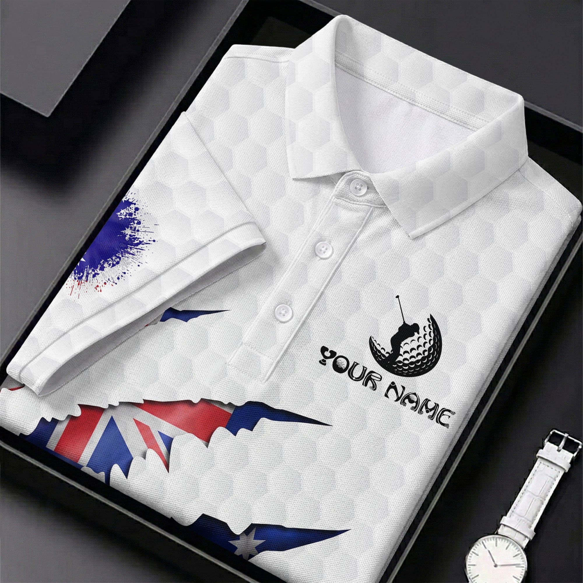 Golf Ball Pattern Australia Flag Print Scratch Effect Men's Golf Top, Golf Shirts For Men