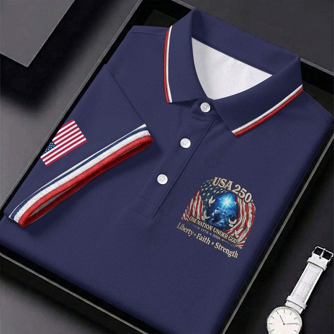 One Nation Under God Faith Cross USA 250 Logo Navy Golf Shirt, 4th Of July Golf Shirts For Men