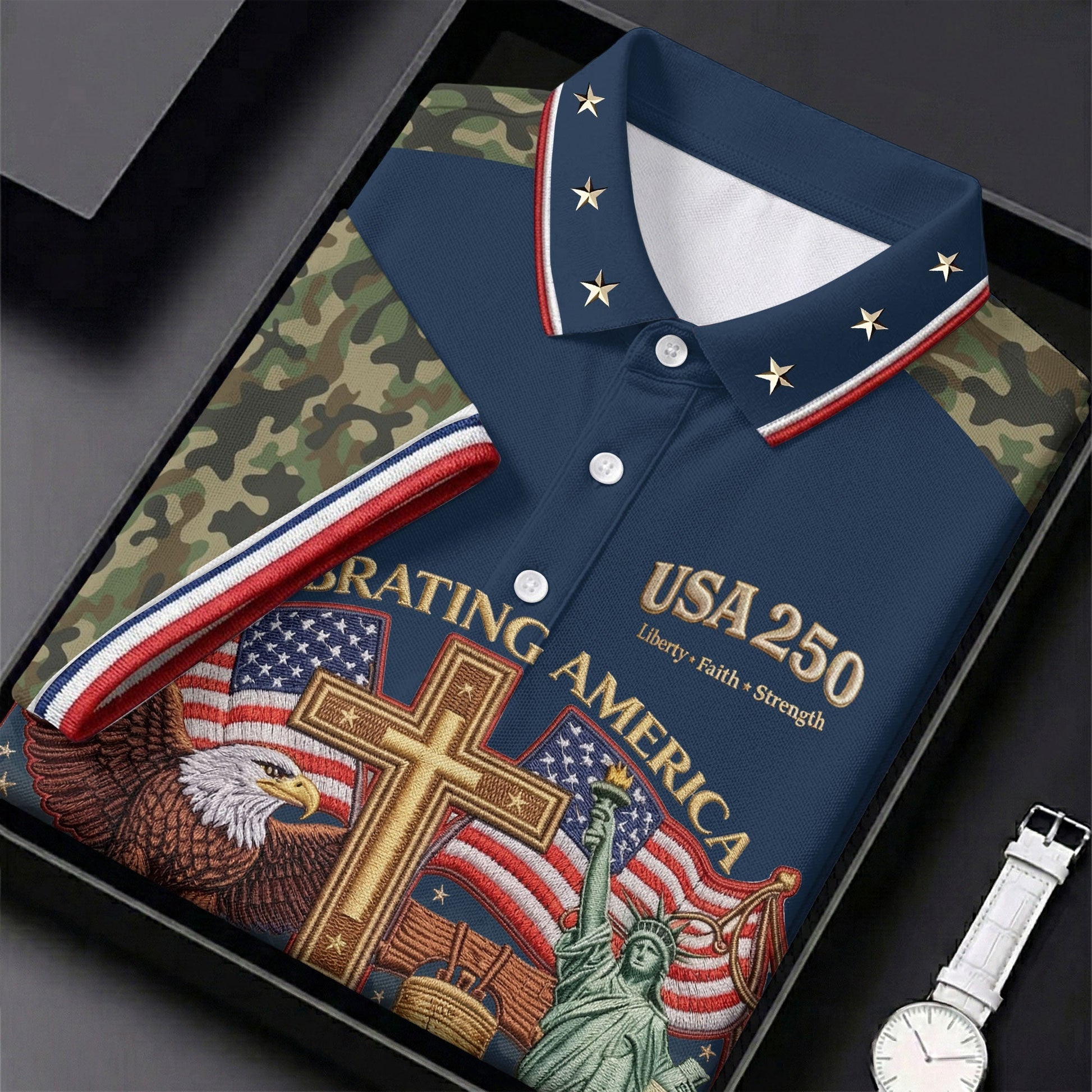 Liberty Faith Strength Faith Cross USA 250 Navy Camo Golf Shirt, 4th Of July Golf Shirt For Women