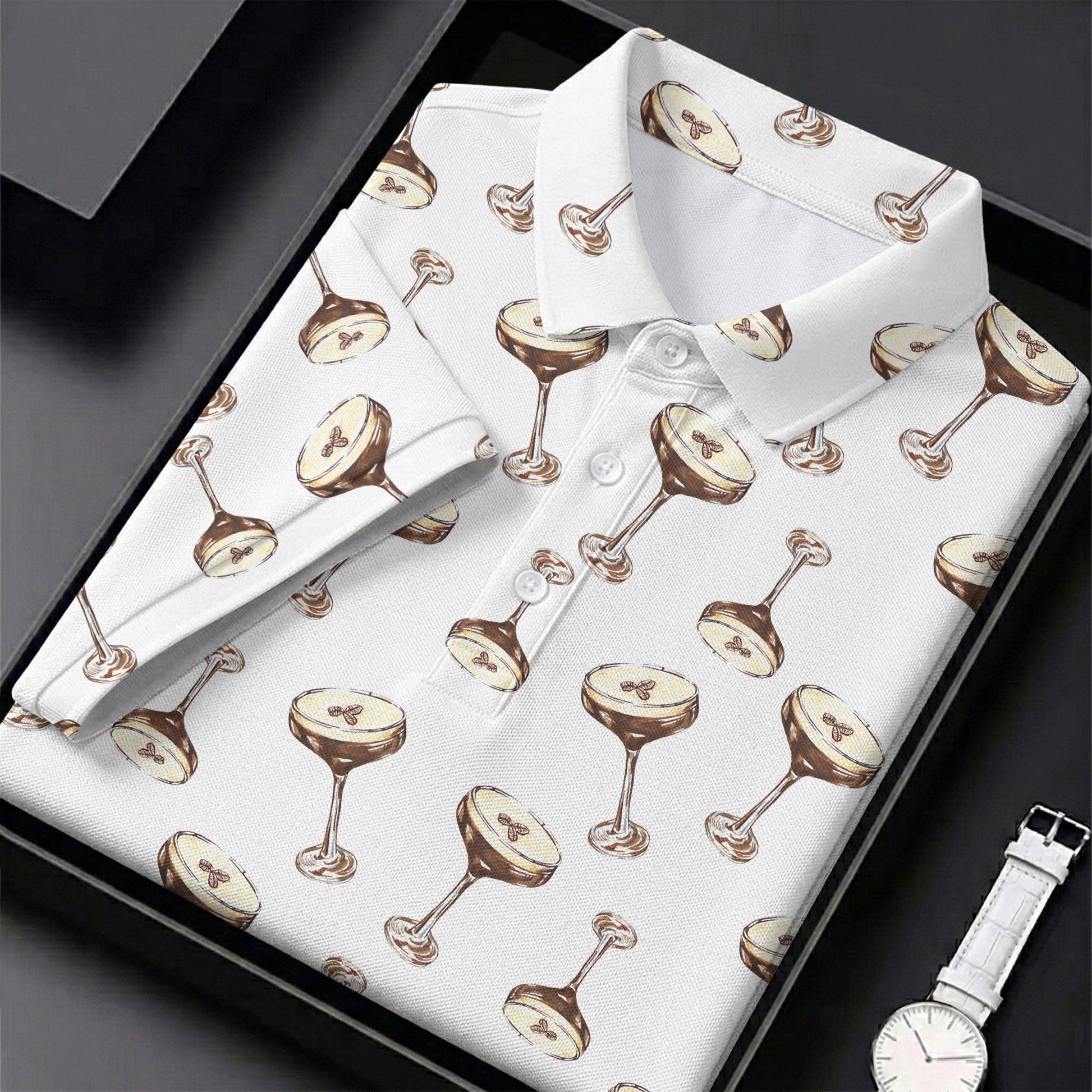 Expresso Martini Doodle Seamless Pattern Hawaiian Golf Shirt, Polo Shirts For Men