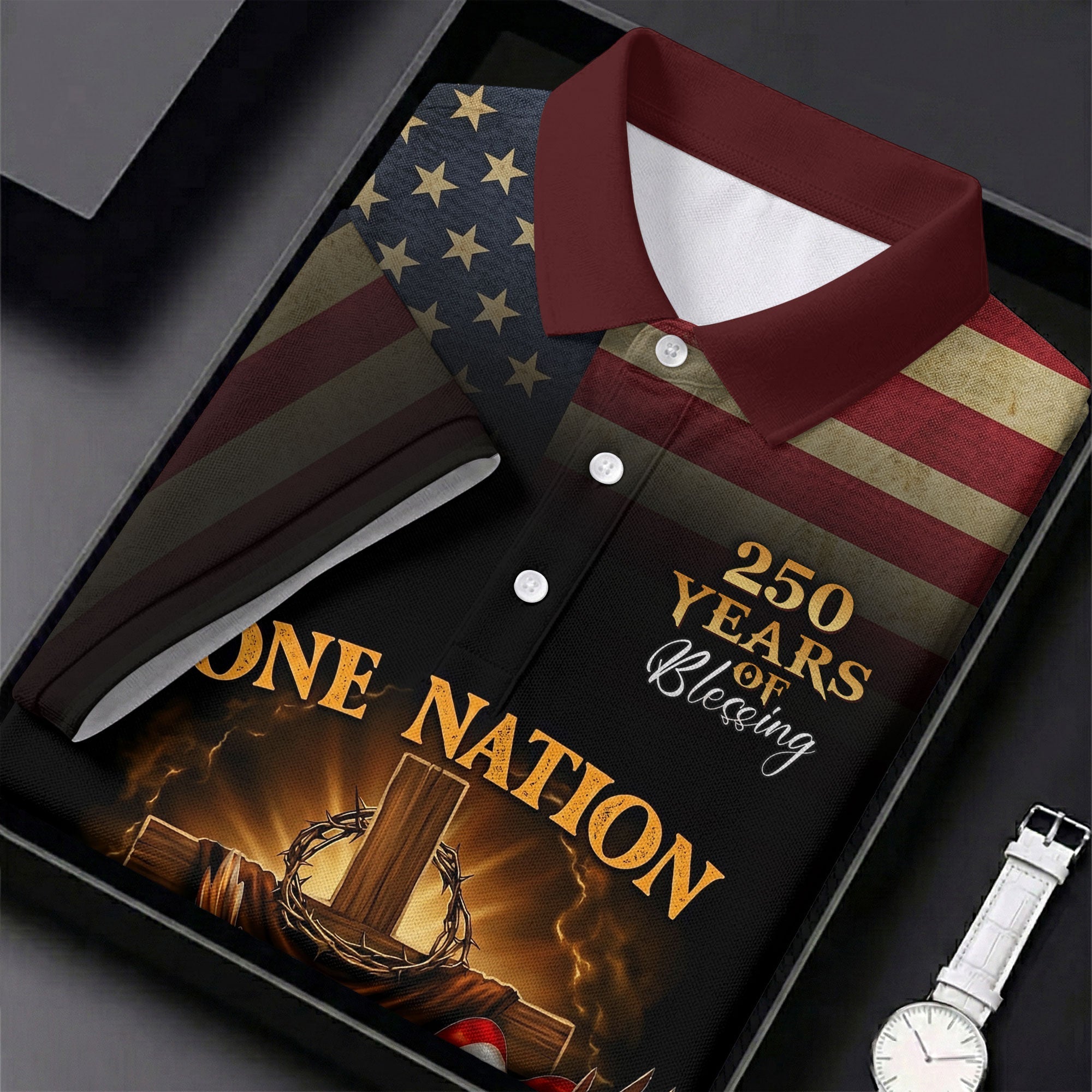 One Nation Under God 250 Years Faith Cross Golf Tops For Men, Patriotic US Flag Father's Day Golf Shirt