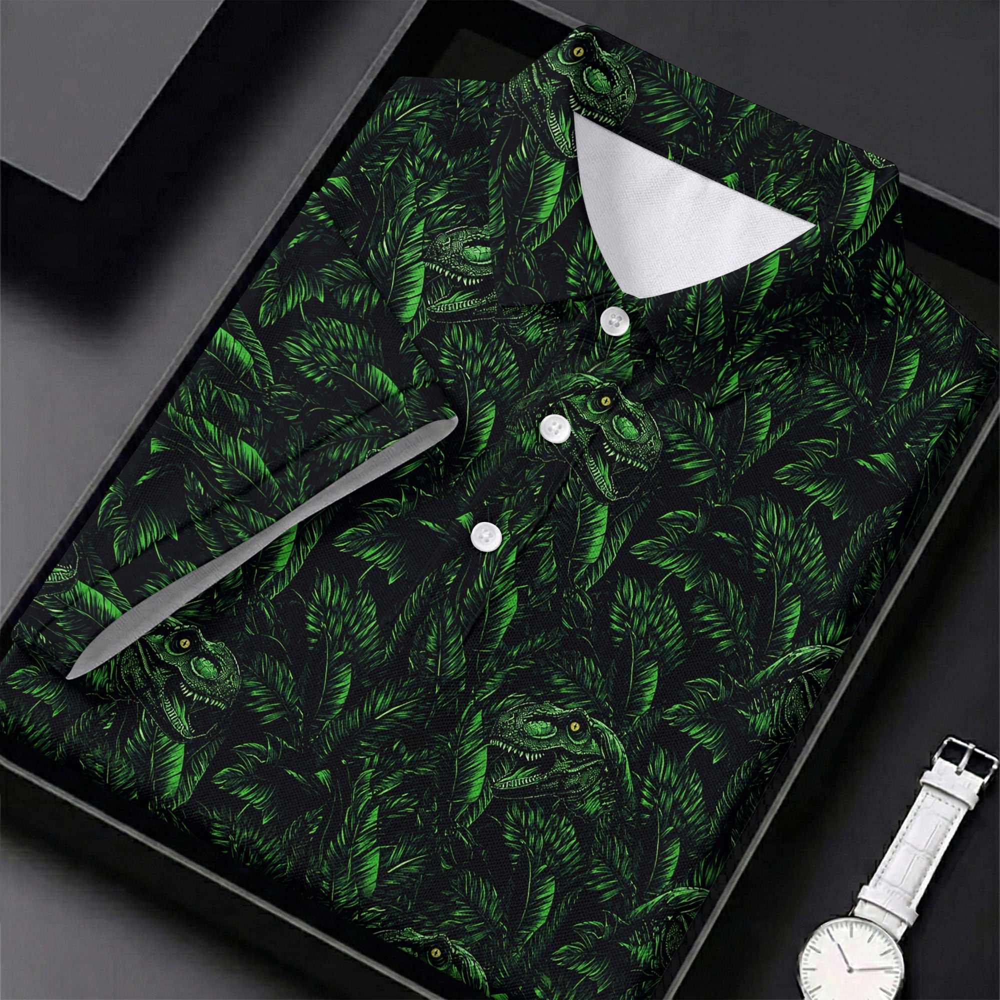 Dinosaurs In The Forest Deep Forest Green Hawaiian Golf Shirt, Polo Shirts For Men