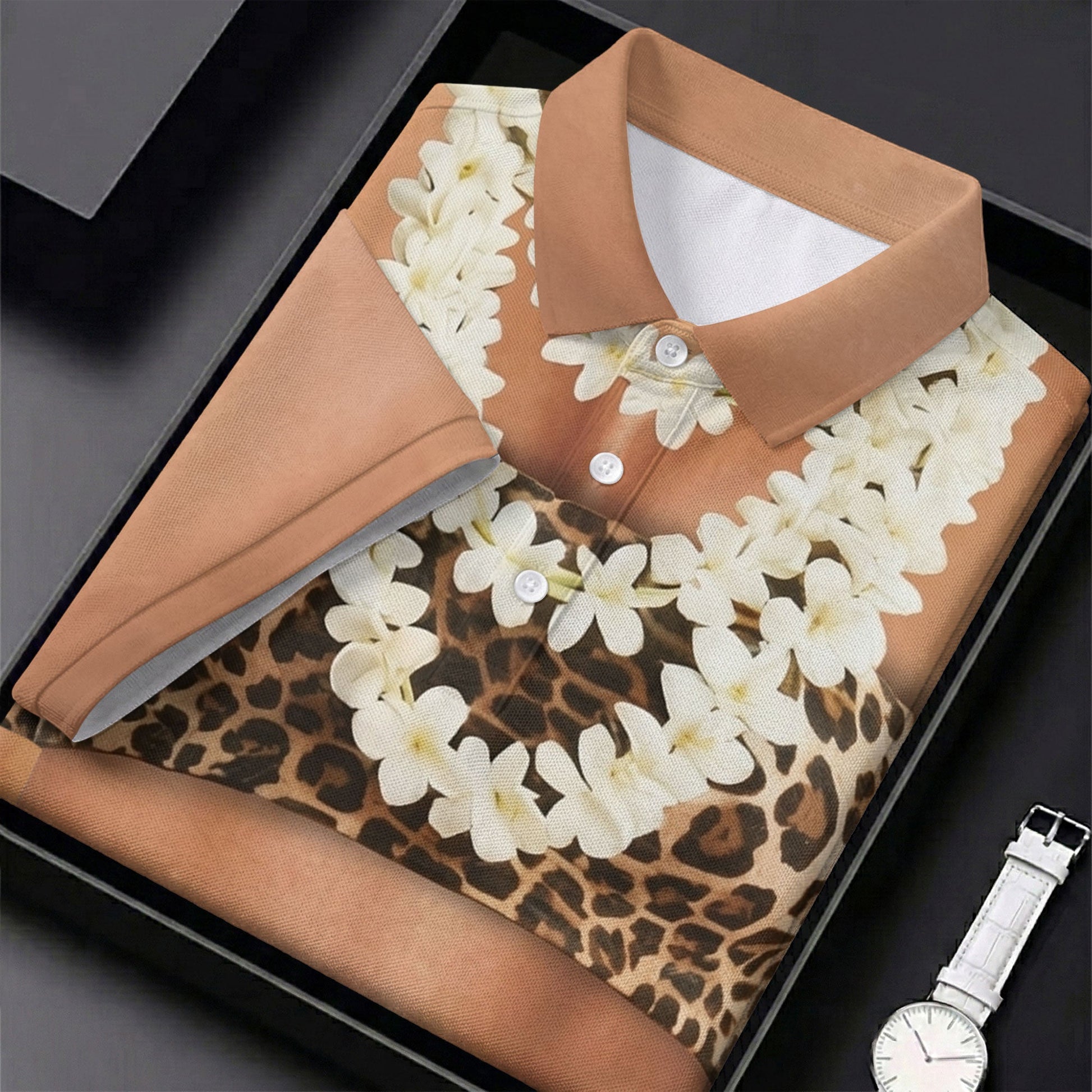 Floral Lei Tropical Theme Party Leopard Print Hawaiian Golf Shirt, Polo Shirts For Men