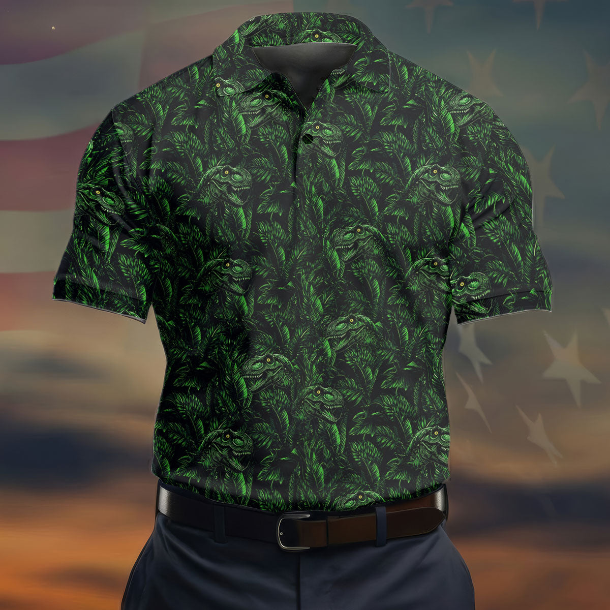 Dinosaurs In The Forest Deep Forest Green Hawaiian Golf Shirt, Polo Shirts For Men