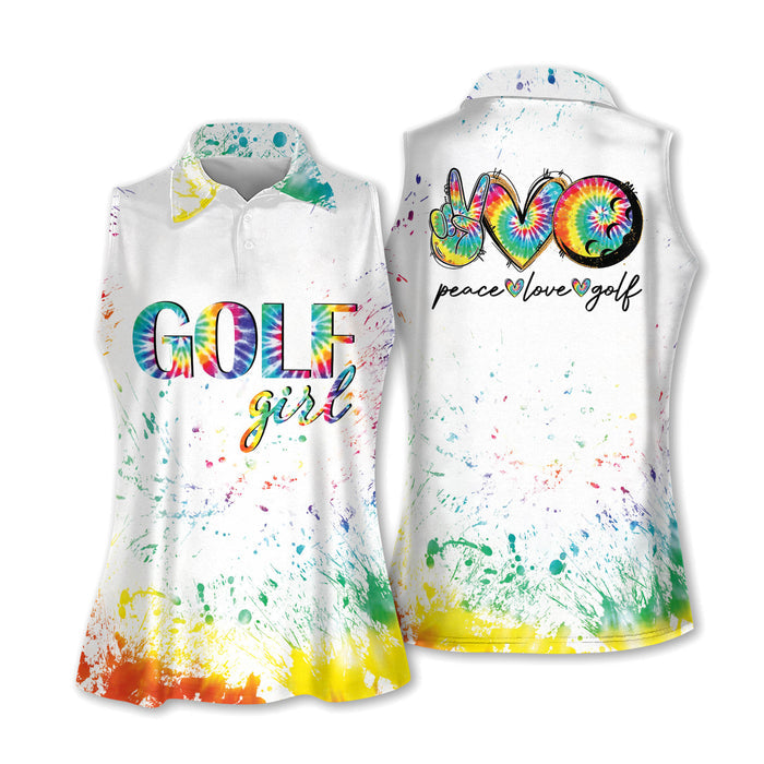 Peace Love Golf Girl Sleeveless Golf Shirt, Tie Dye Golf Shirts, Womens Golf Polo Shirt Golf Gifts For Her
