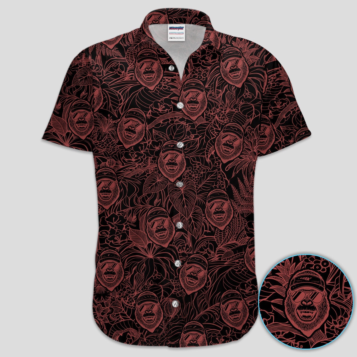 Bigfoot Red Neon Outline Polo Shirt For Men, Sasquatch Face All Over Print, Dark Cryptid Pattern Casual Golf Shirt