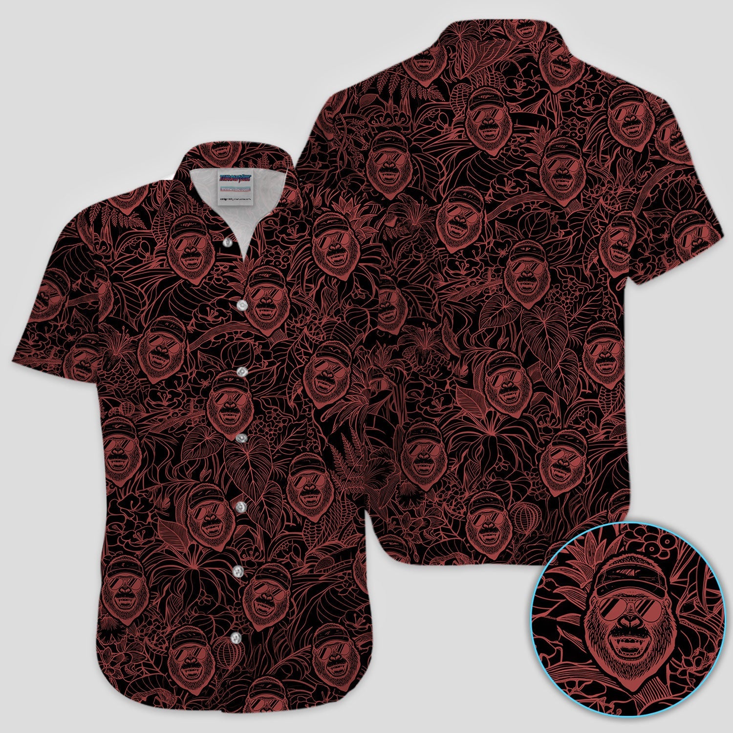 Bigfoot Red Neon Outline Polo Shirt For Men, Sasquatch Face All Over Print, Dark Cryptid Pattern Casual Golf Shirt