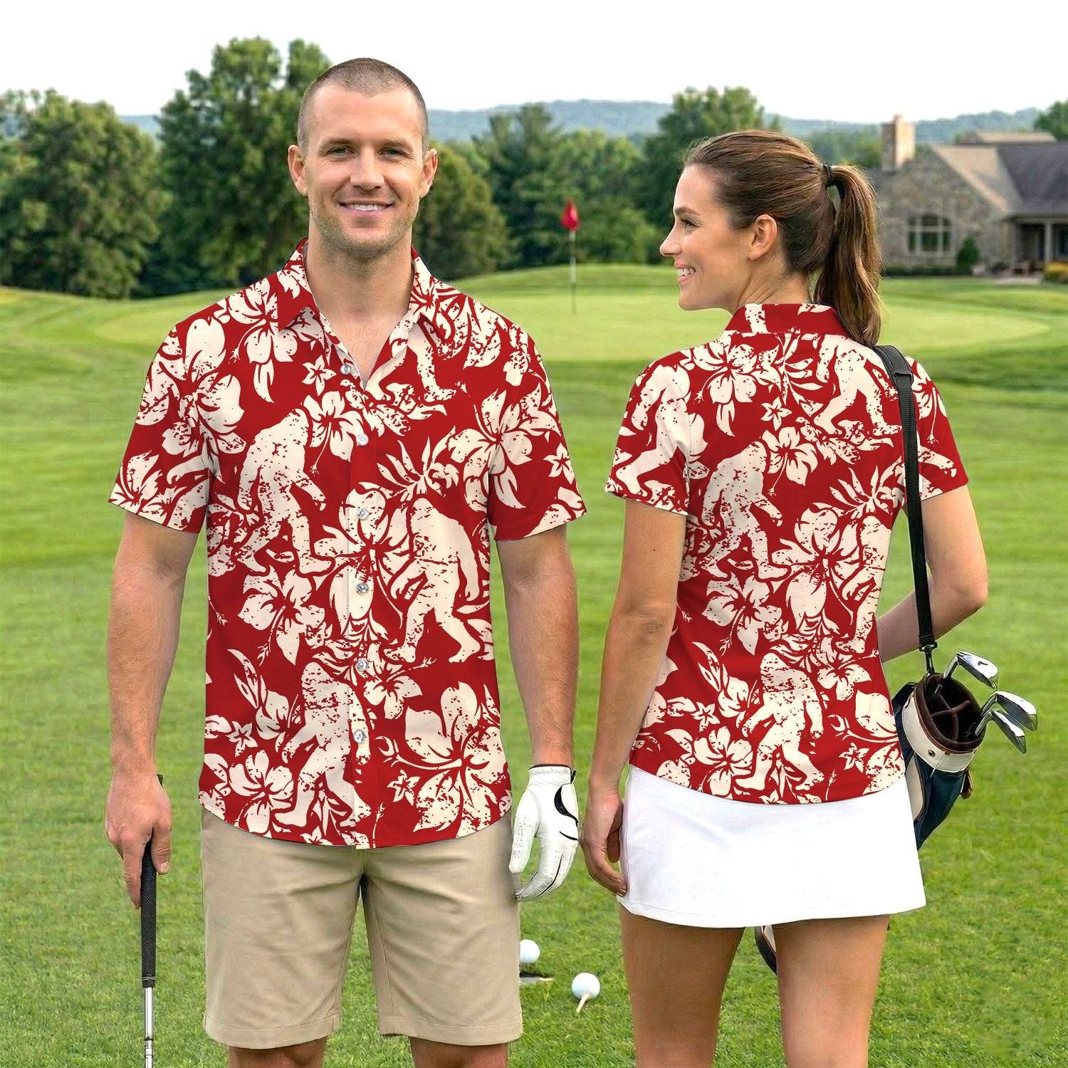 Red Bigfoot Hawaiian Polo Shirt For Men, Sasquatch Floral Aloha All Over Print, Tropical Casual Summer Golf Shirt