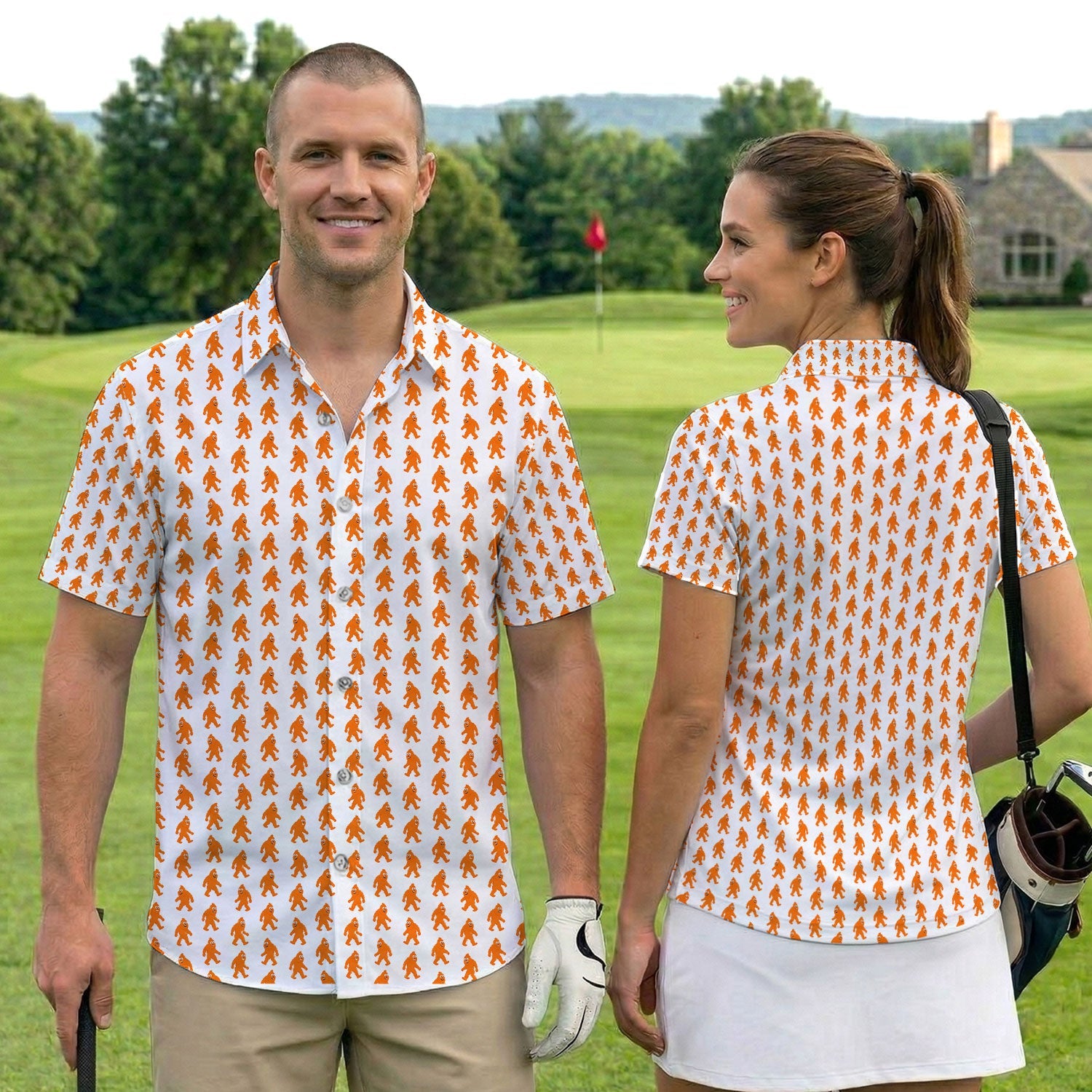 Funny Orange Bigfoot Golf Pattern Shirt, Sasquatch Golf Shirt For Men, Cryptid Lover Gift