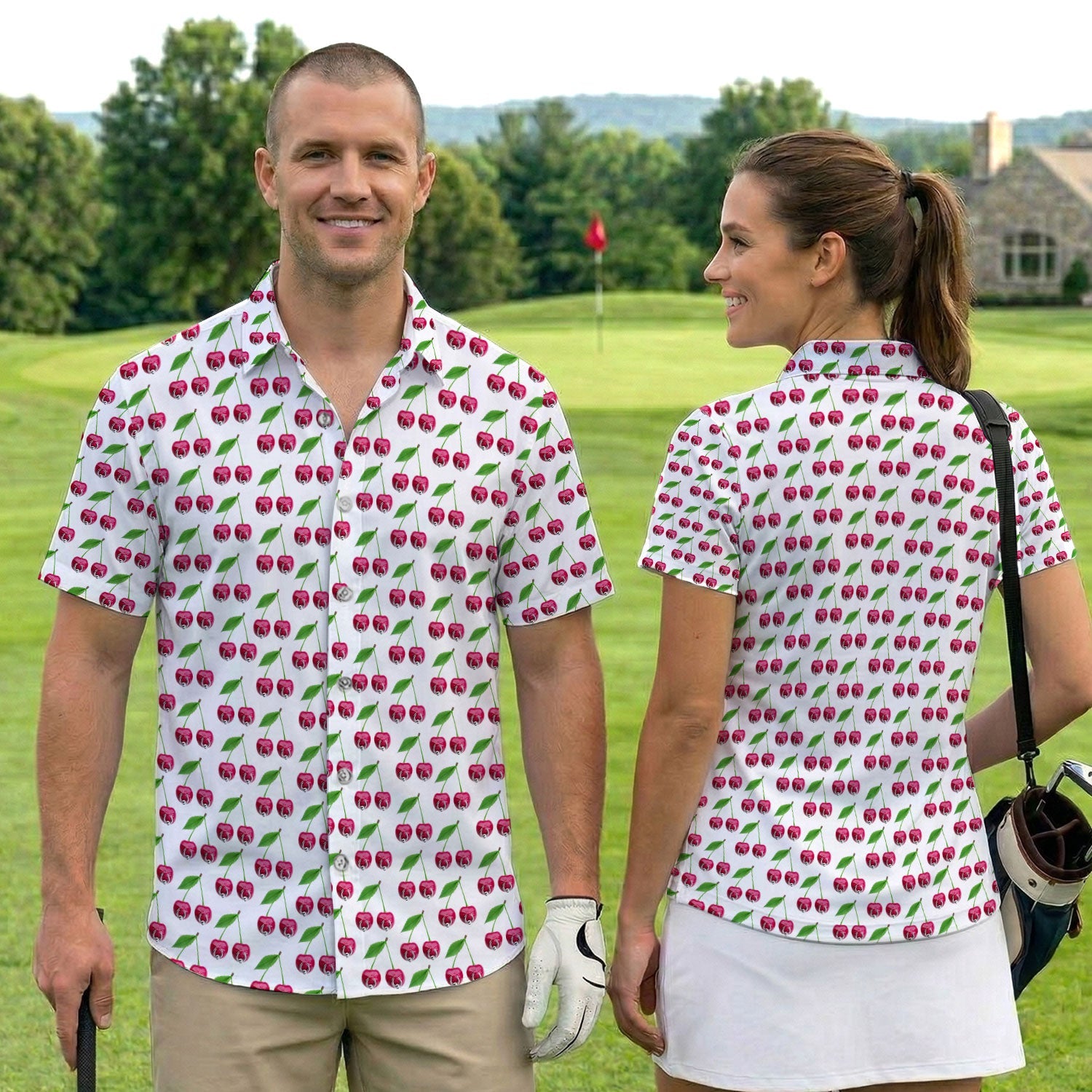 Cute Cherry Golf Pattern Shirt, Sweet Cherry Aesthetic Golf Shirt For Men, Fruit Lover Gift