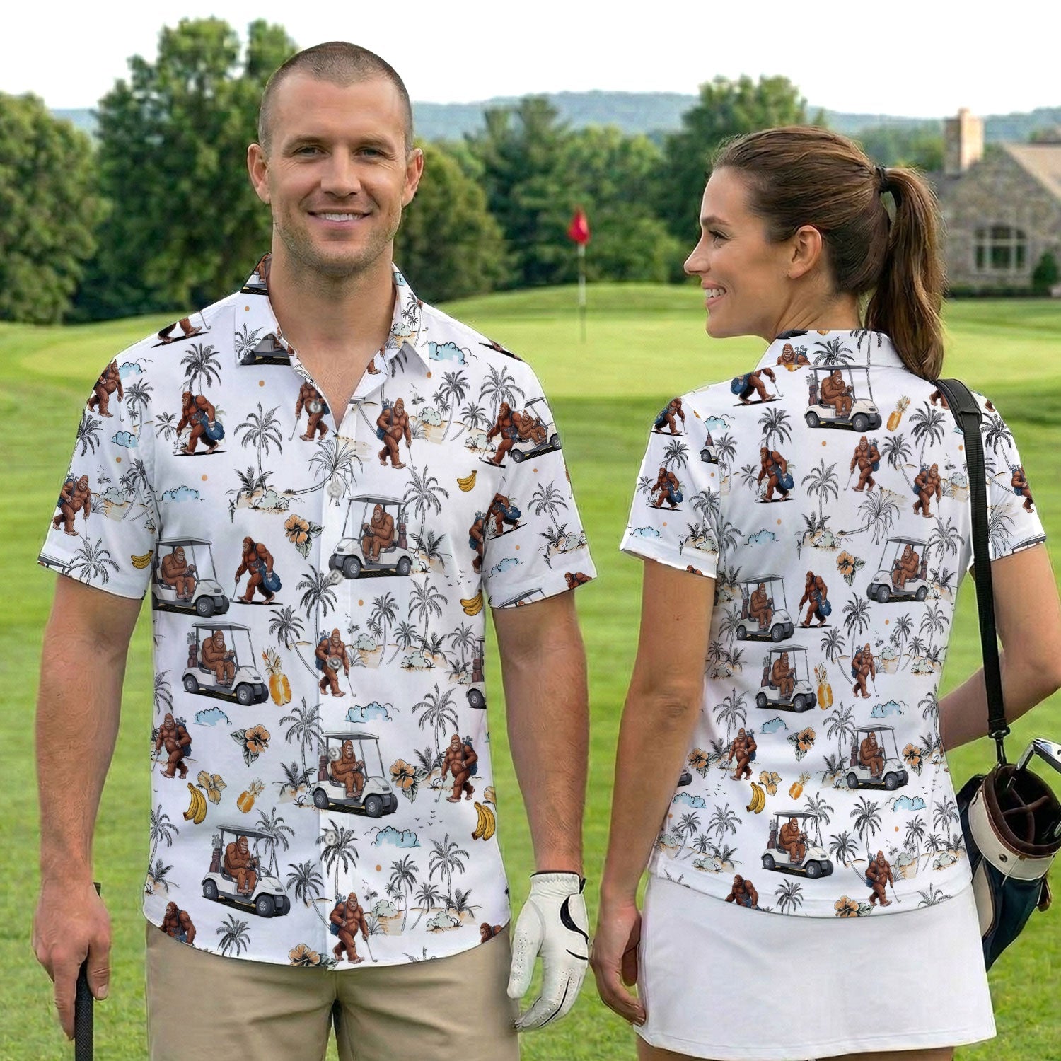 Funny Bigfoot Golf Pattern Shirt, Sasquatch Hawaiian Golf Polo For Men, Golfer Gift