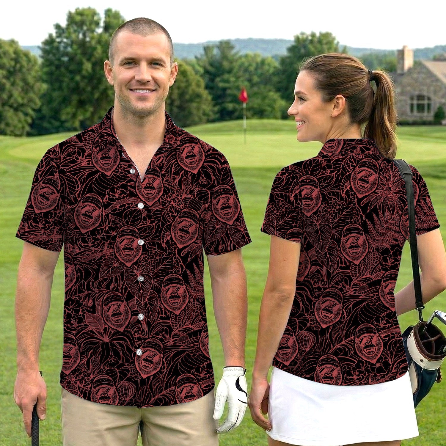 Bigfoot Red Neon Outline Polo Shirt For Men, Sasquatch Face All Over Print, Dark Cryptid Pattern Casual Golf Shirt