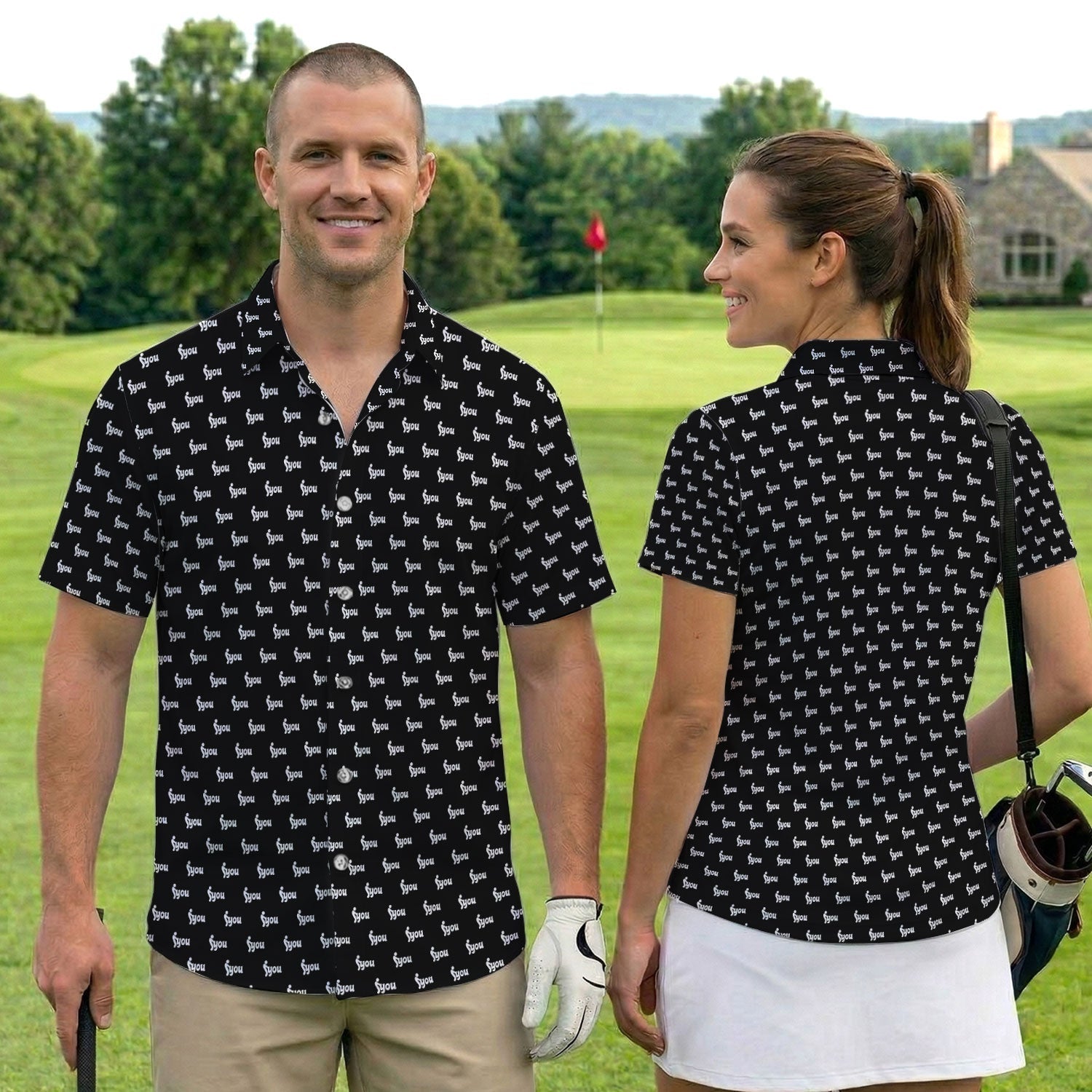 Minimalist Black Logo Golf Pattern Shirt, Monogram Streetwear Golf Shirt For Men, Trendy Gift
