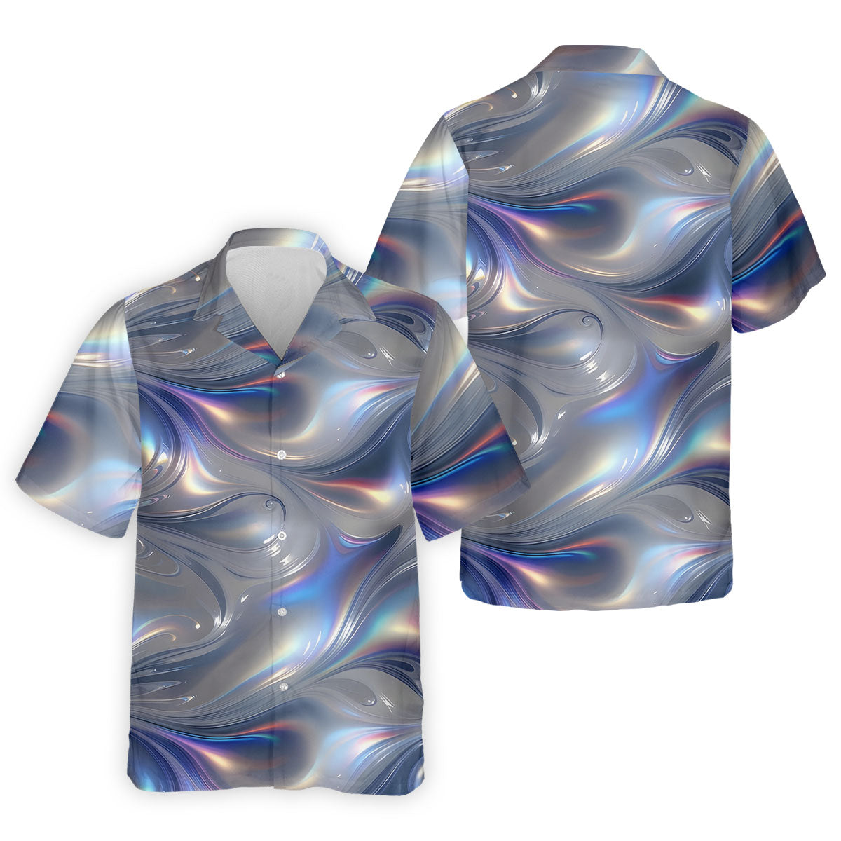 Silver Marble Golf Shirt, Futuristic Holographic Wave Pattern, Golf Shirt For Men
