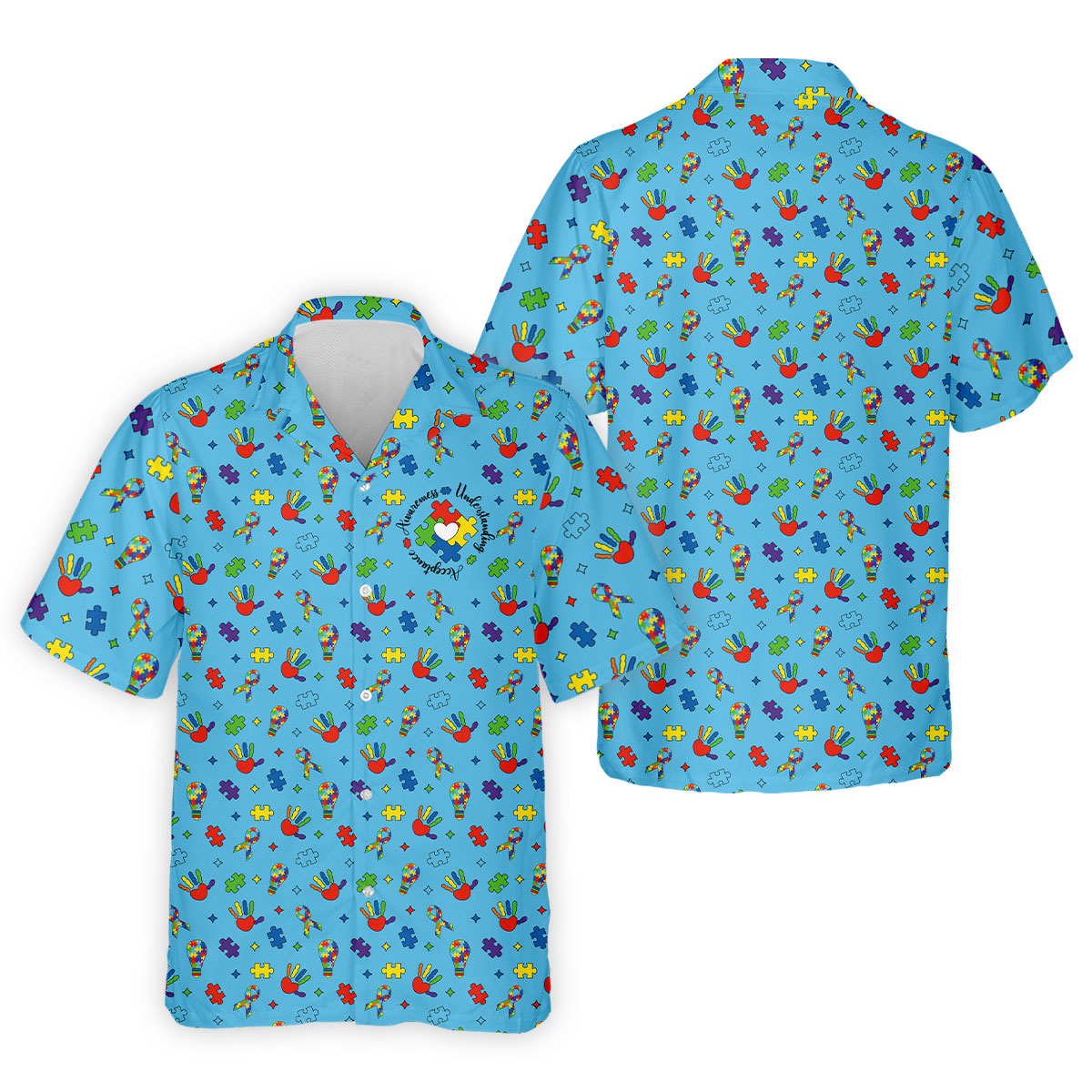 Awareness Understanding Acceptance Autism Ribbon Blue Golf Shirt, Autism Awareness Colors Golf Shirts For Men