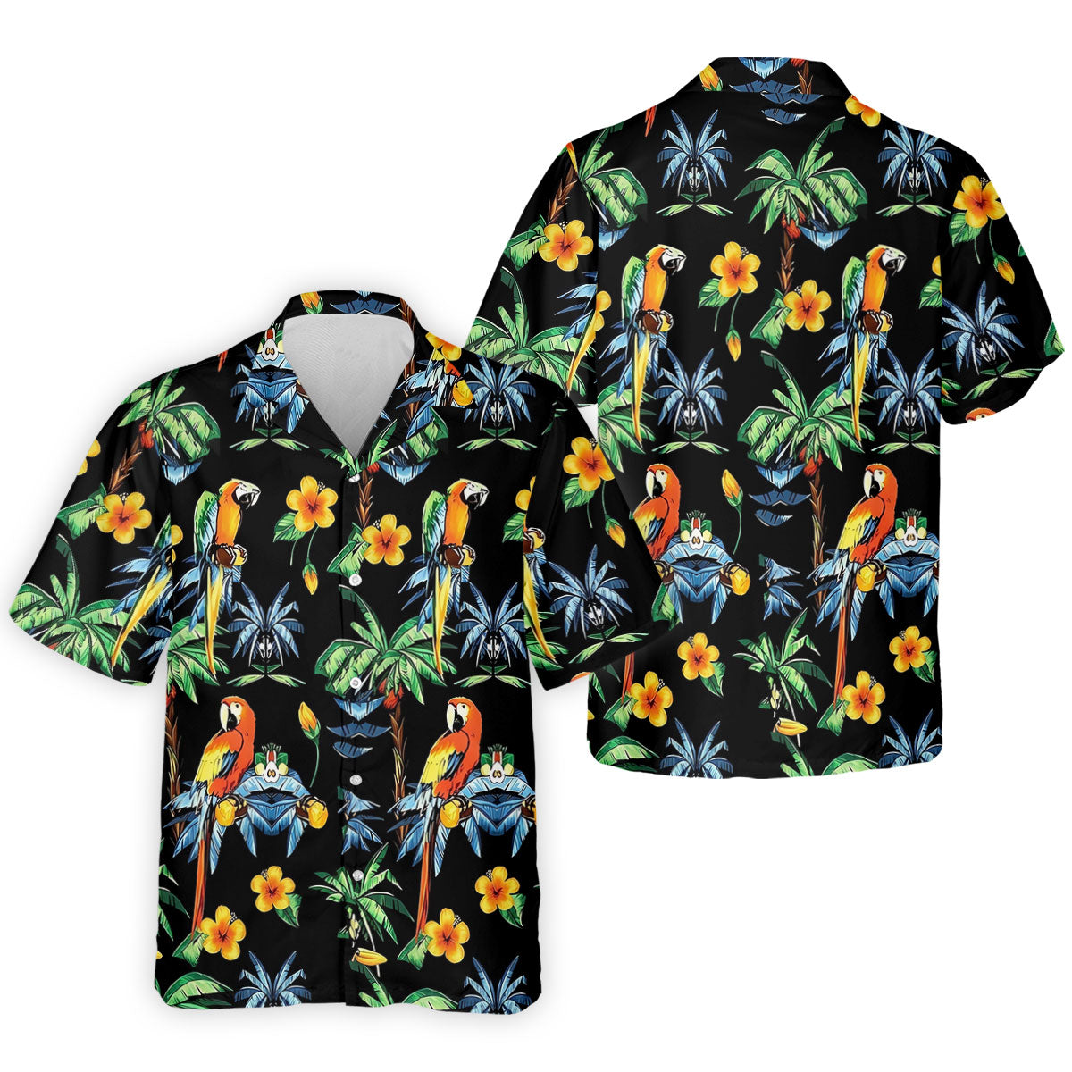 Black Tropical Parrot Palm Flower Pattern Golf Shirt, Men's Golf Shirt, Mens Polo Shirts, Hawaiian Golf Shirt