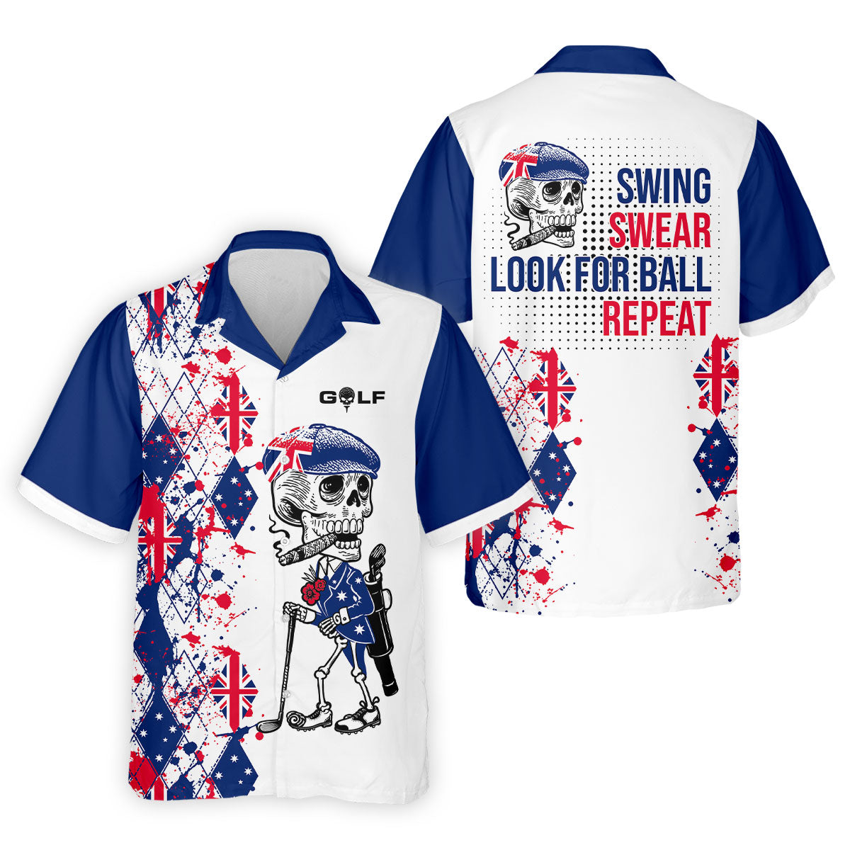 Swing Swear Look For Ball Repeat Australia Flag Print Skeleton Golfer Argyle Golf Shirt, Polo Shirts For Men