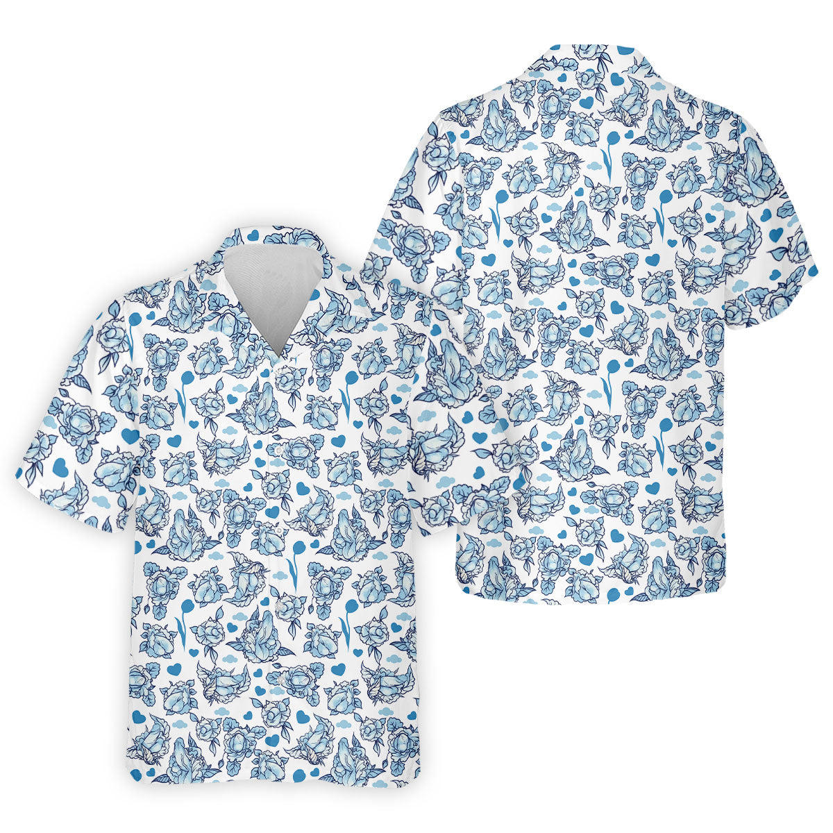 Blue Rose Floral Heart Pattern Golf Shirt, Polo Shirts For Men, Printed Golf Shirts