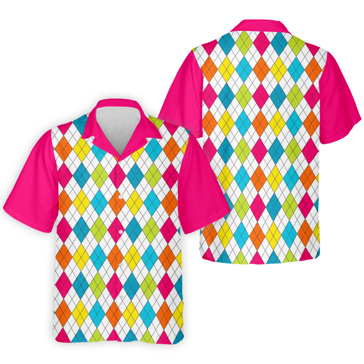 Pink Sleeve Colorful Argyle Plaid Golf Shirt, Mens Golf Polo, Printed Golf Shirts