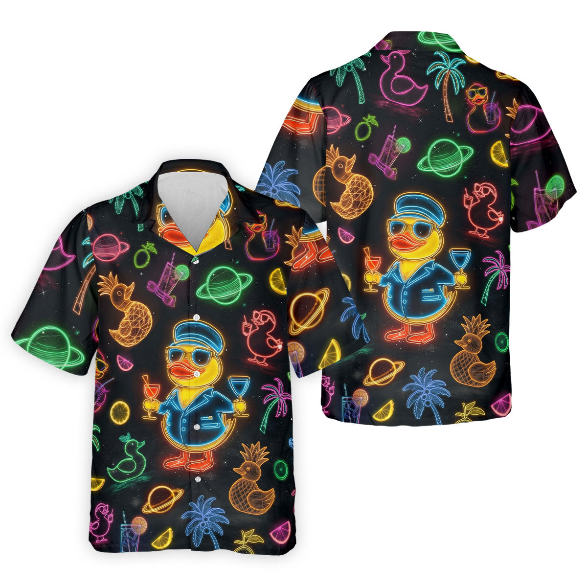 Jet Black Neon Duck Tropical Pattern Hawaiian Golf Shirt, Golf Shirts For Men, Polo Shirts For Men