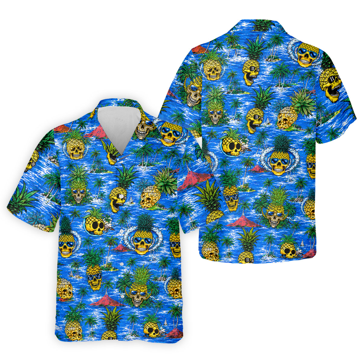 Pineapple Skull Golf Shirt, Tropical Island Volcano Pattern, Golf Shirt For Men