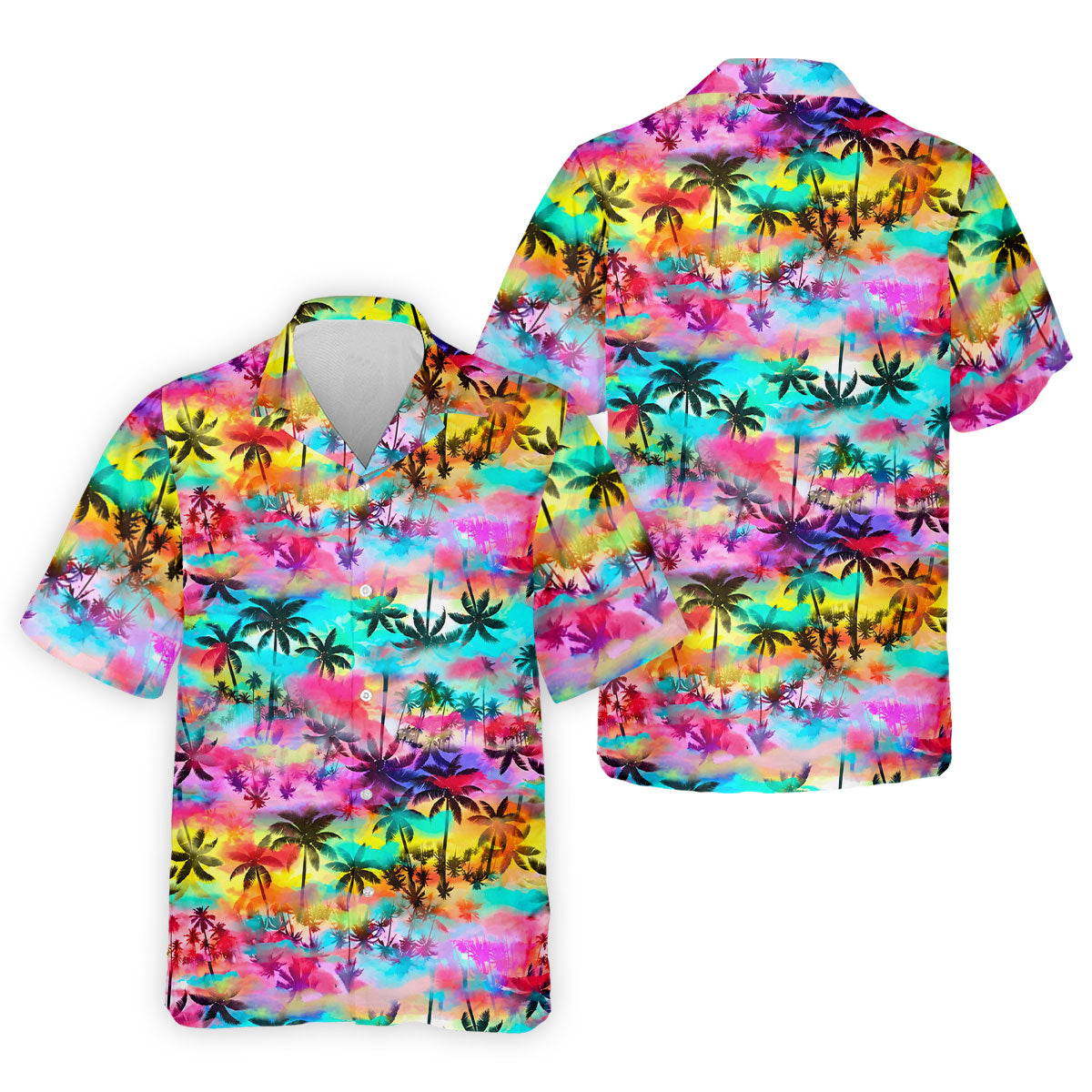 Watercolor Tropical Palm Golf Shirt, Colorful Sunset Hawaiian Polo, Polo Shirts For Men