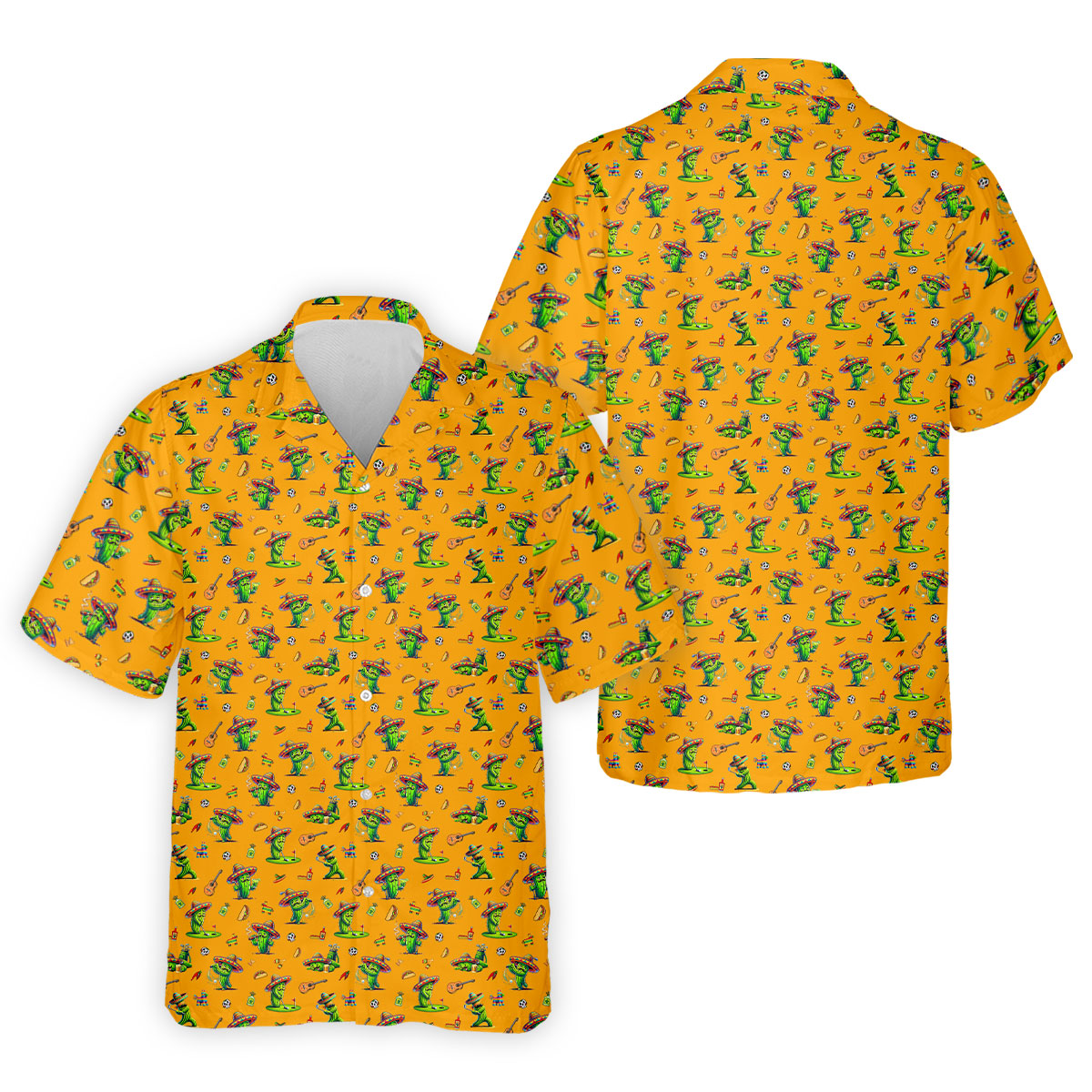 Cartoon Mustach Funny Cactus Cinco De Mayo Celebration Fiesta Themed Orange Golf Shirts For Men