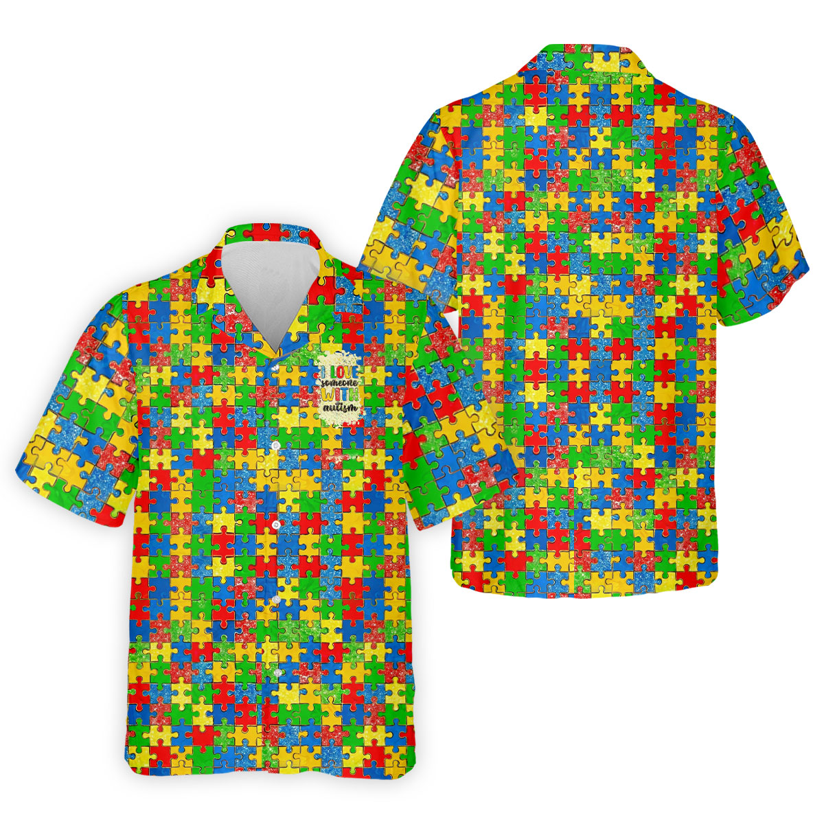 I Love Someone With Autism Colorful Puzzle Pattern Men's Golf Shirt, Autism Awareness Polo Shirts For Men