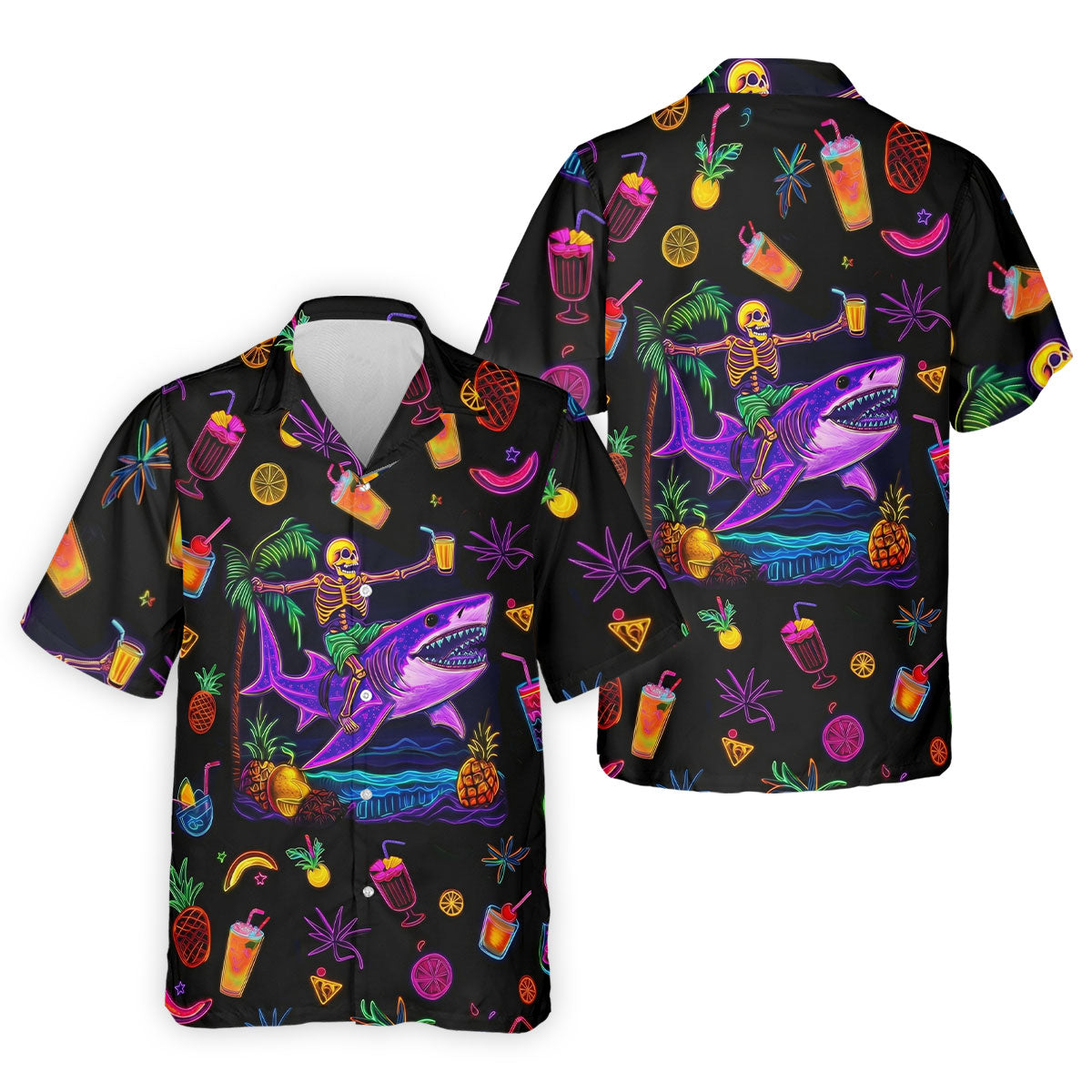 Neon Shark Beach Party Pattern Hawaiian Golf Shirt, Golf Shirts For Men, Polo Shirts For Men