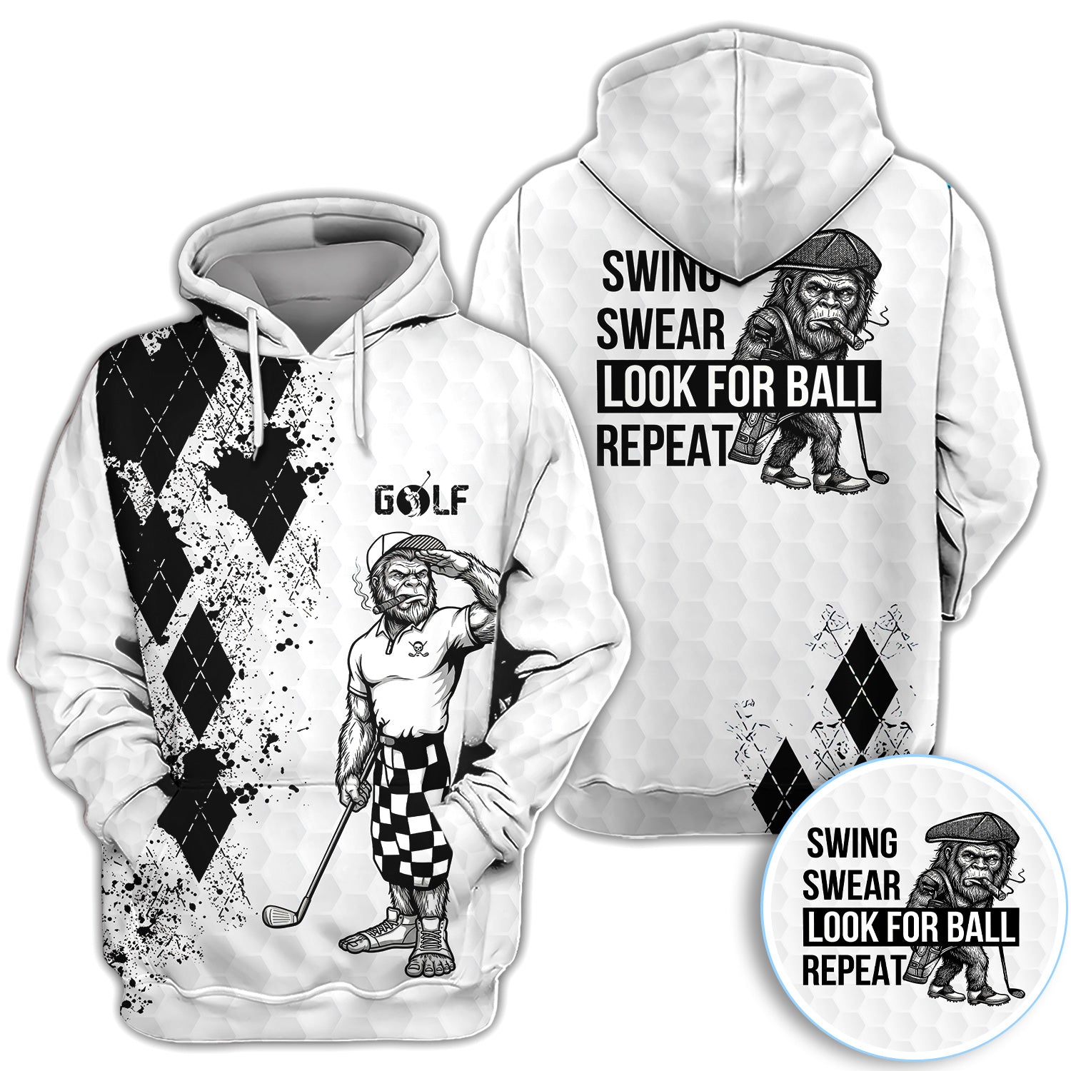 Funny Bigfoot Golfer Polo Shirt, Swing Swear Repeat Graphic Polo For Men, Unique Sasquatch Golf Outfit