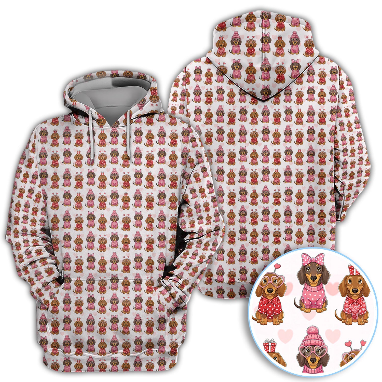 Valentine Dachshund Pattern Golf Polos, Wiener Dog Golf Shirt For Men, Crazy Golf Gift For Golfer