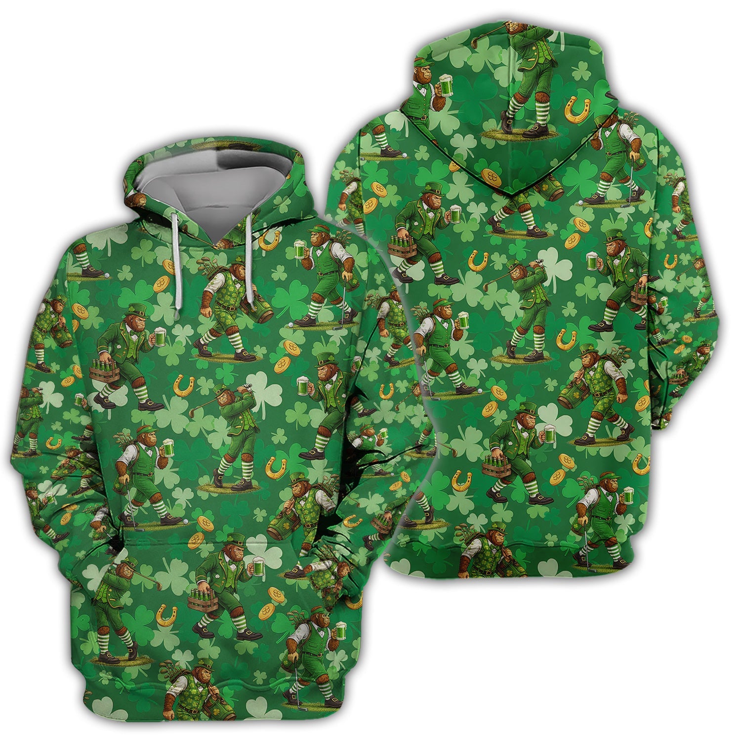 St. Patrick’s Day Bigfoot Leprechaun Golf Polos, Funny Irish Green Golf Shirt For Golfer, Golf Gift For Men