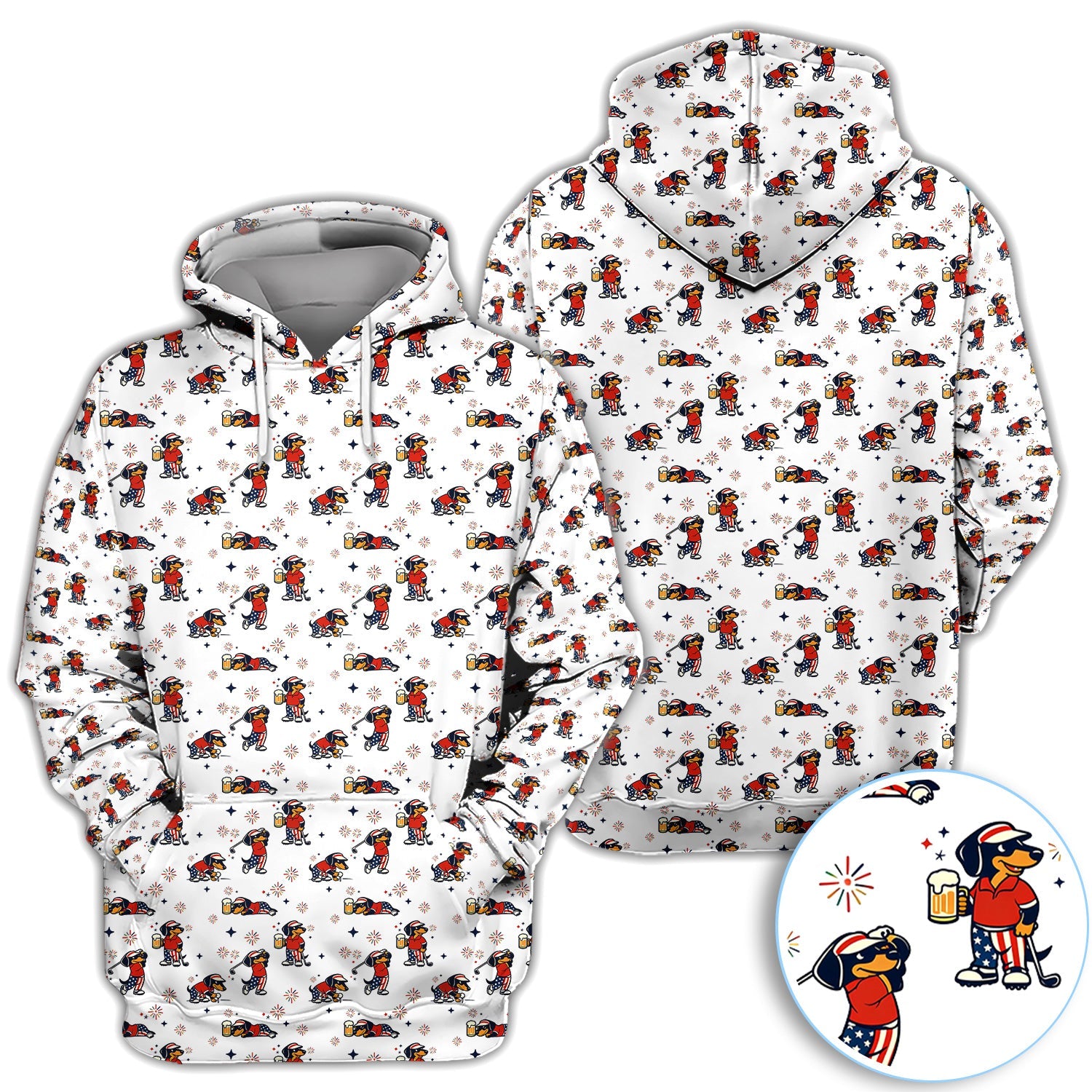 Funny Patriotic Golf Dog Polo Shirt, USA Dachshund Beer & Fireworks Pattern Shirt, 4th of July Golfer Gift For Women