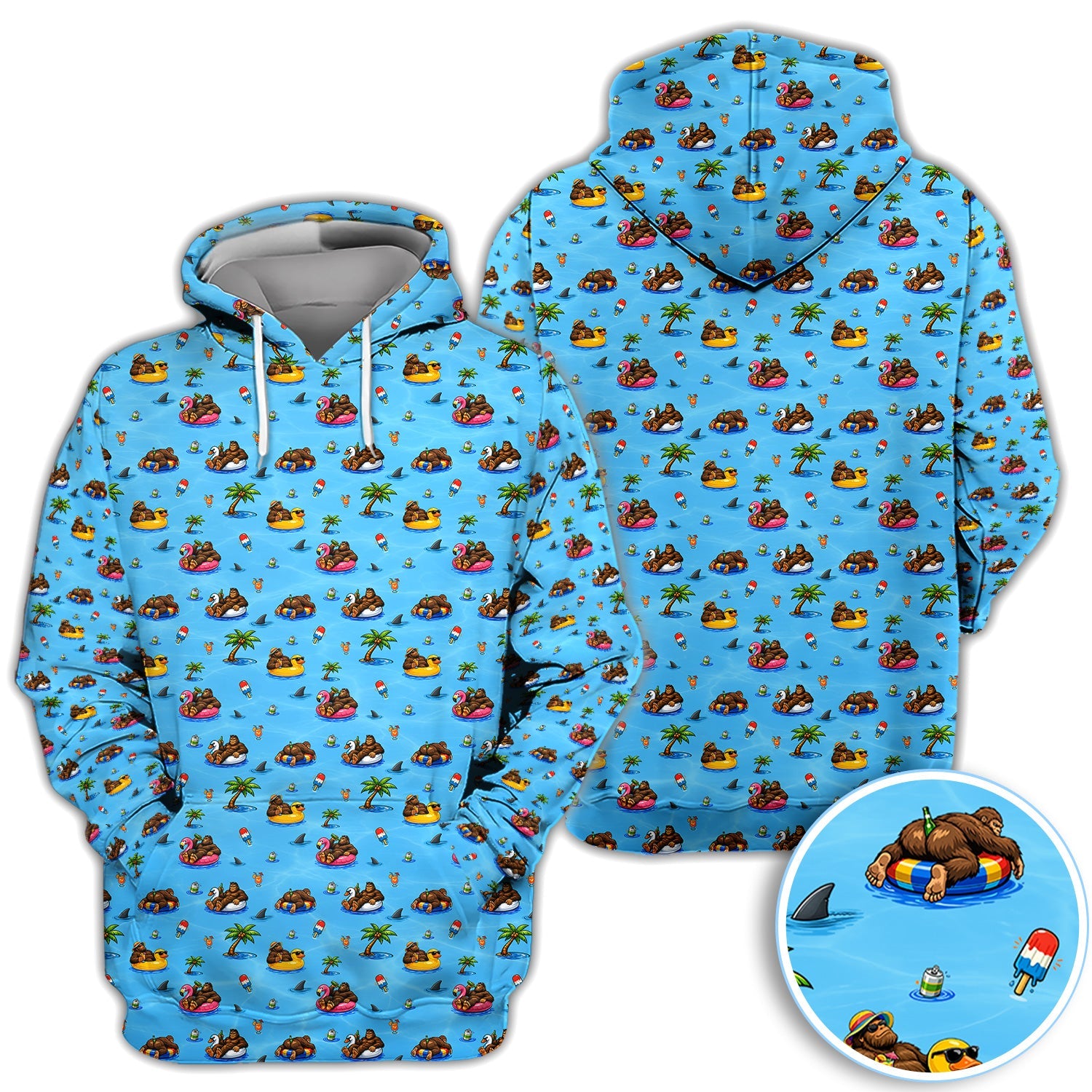 Funny Summer Bigfoot Pool Float Pattern Shirt, Sasquatch Beach Party Golf Polo Shirt For Men, Vacation Golf Gift