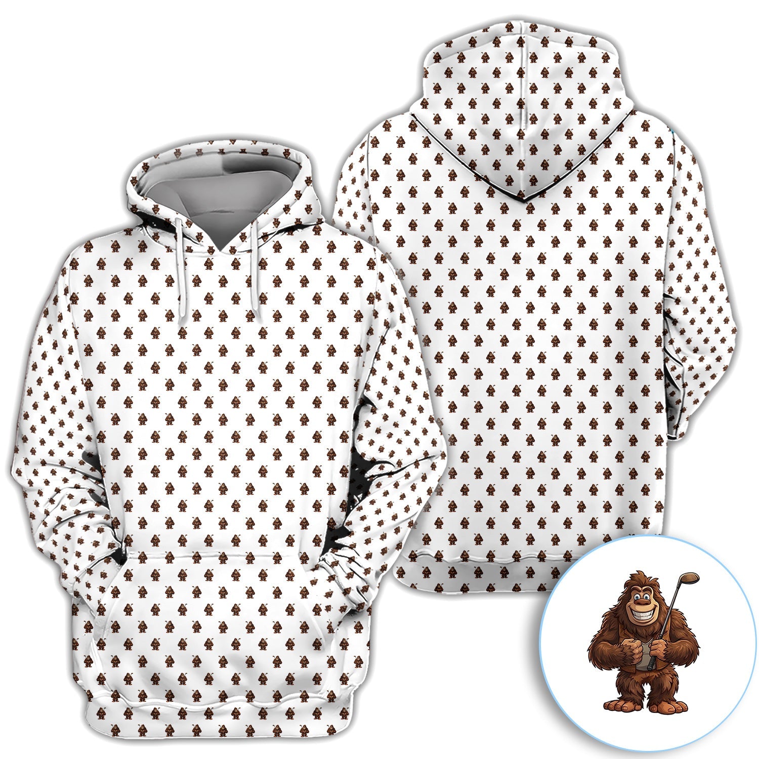 Funny Bigfoot Cartoon Pattern Golf Shirt, Cute Sasquatch Golfer Polo Shirt For Men, Golfer Gift