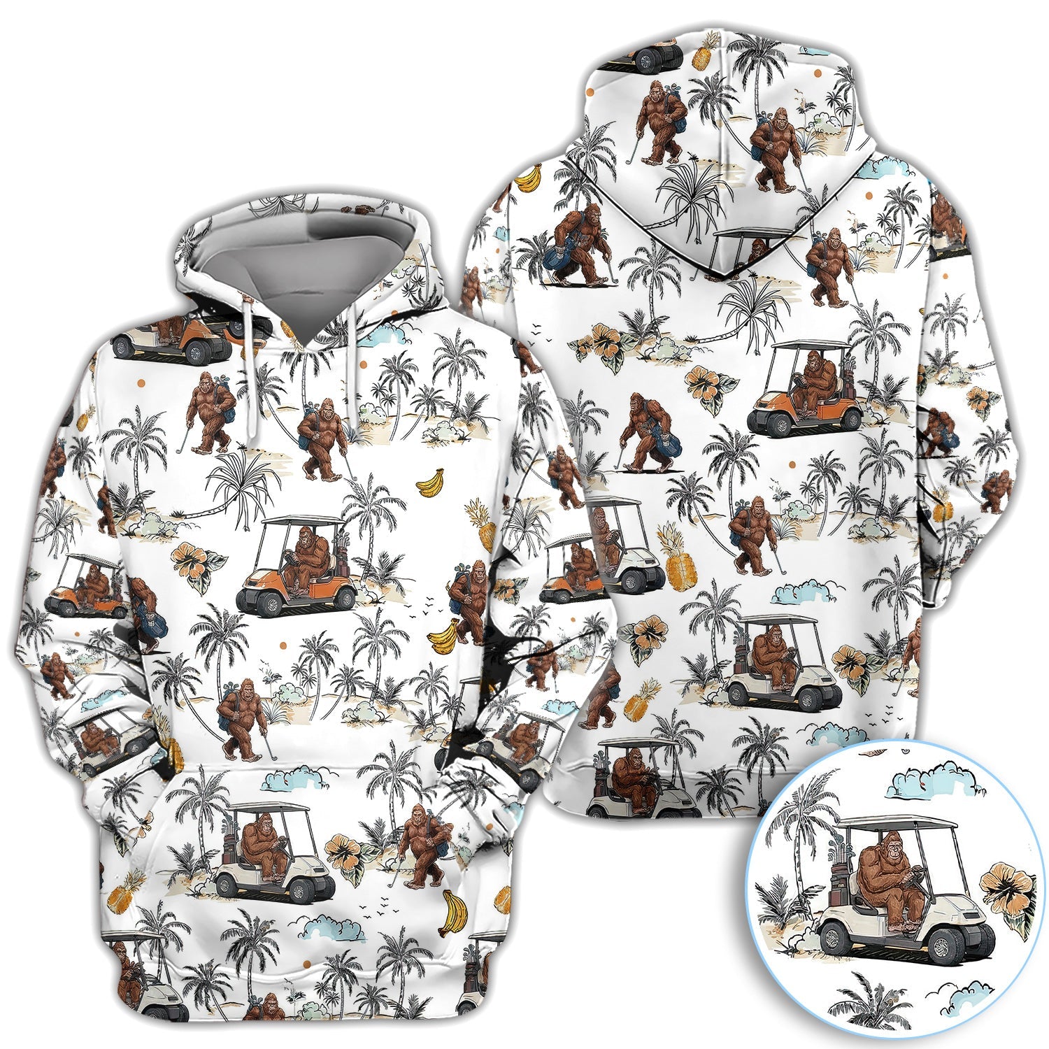 Funny Bigfoot Golf Cart Tropical Pattern Golf Shirt, Sasquatch Golfer Palm Golf Shirt For Men, Golfer Gift