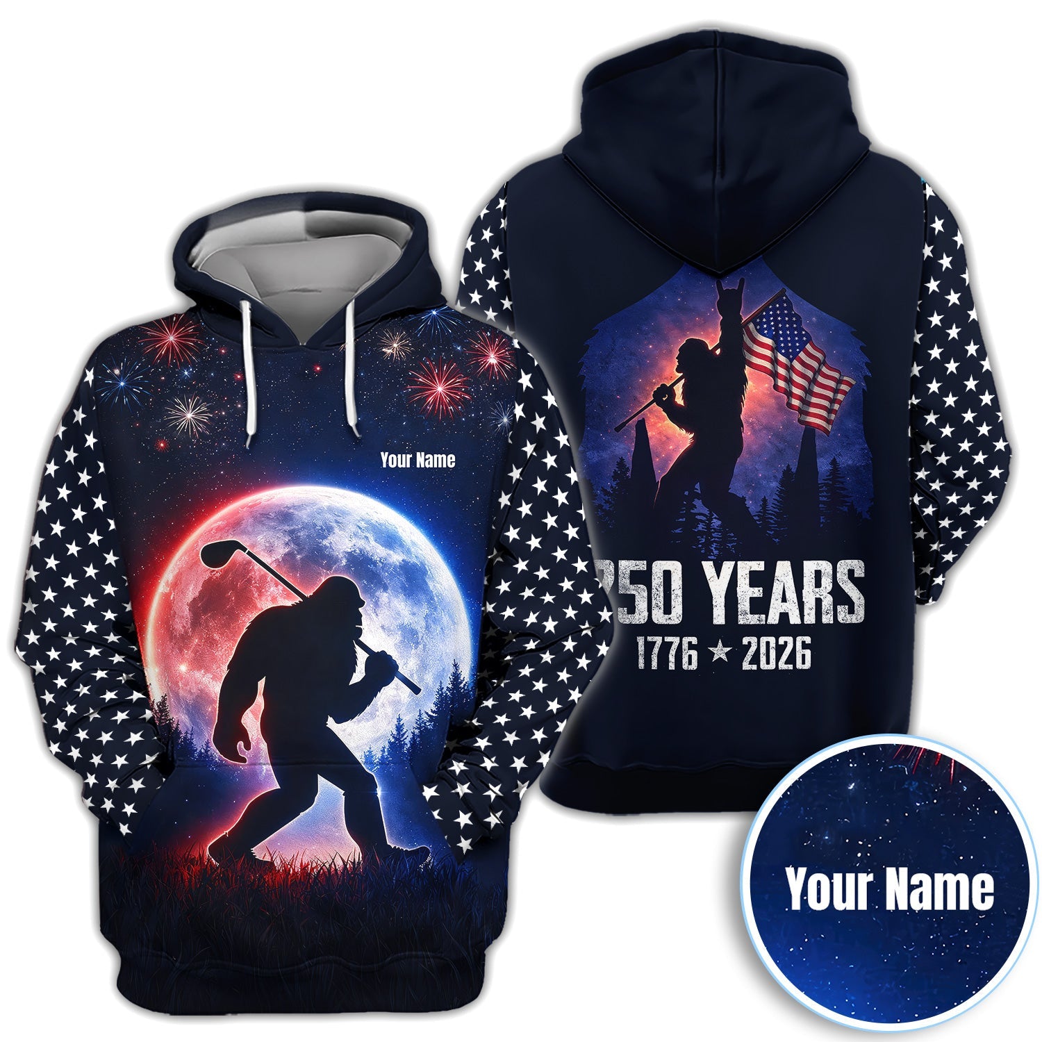 Bigfoot Golfer Patriotic Polo Shirt For Men, Custom Name USA Fireworks Moon Silhouette Sasquatch Golf Shirt
