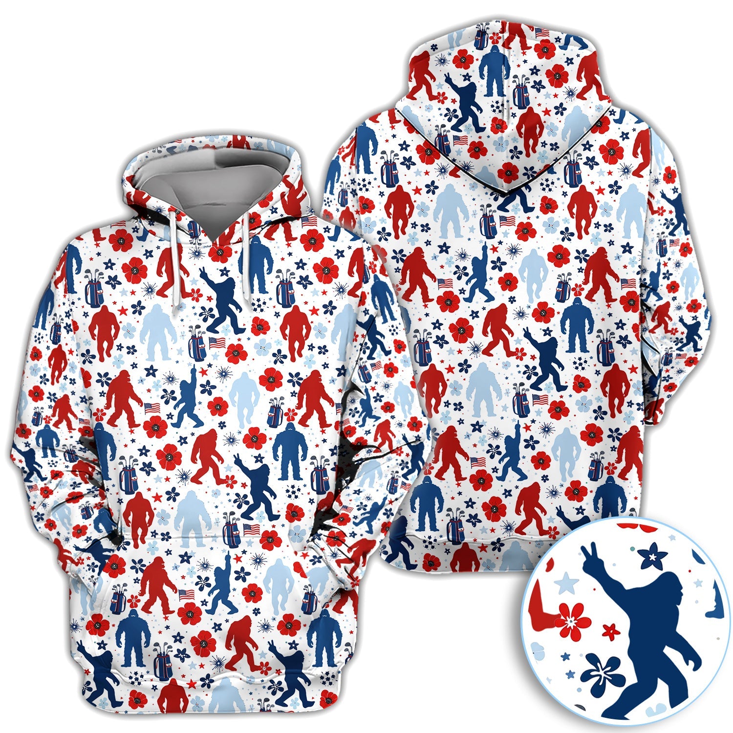 Patriotic Bigfoot Golf Polo Shirt For Men, USA Flag Red Blue White Sasquatch Pattern Golf Shirt