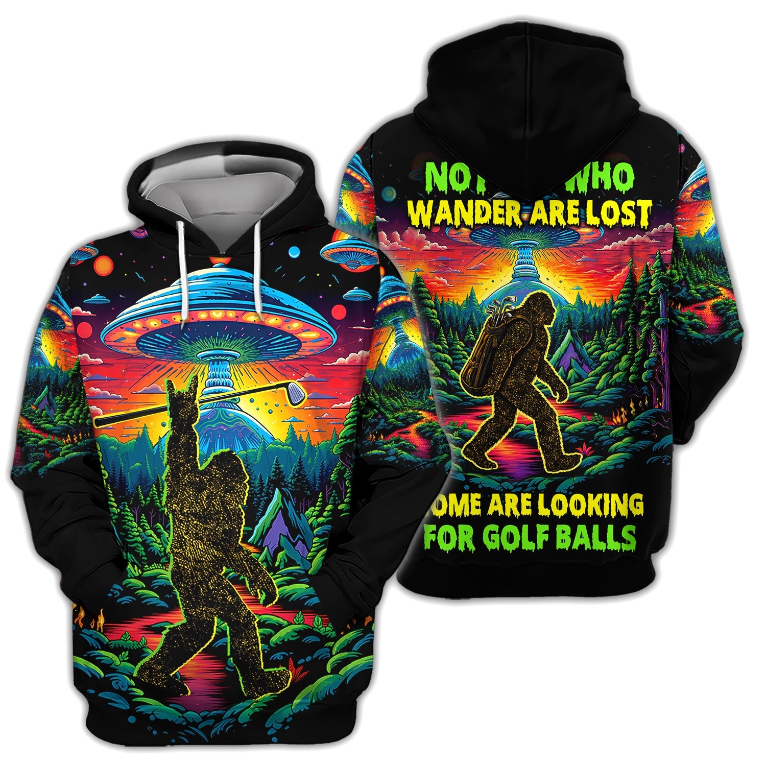 Psychedelic Bigfoot UFO Golf Pattern Shirt, Alien Bigfoot Golf Shirt For Men, Funny Golfer Gift