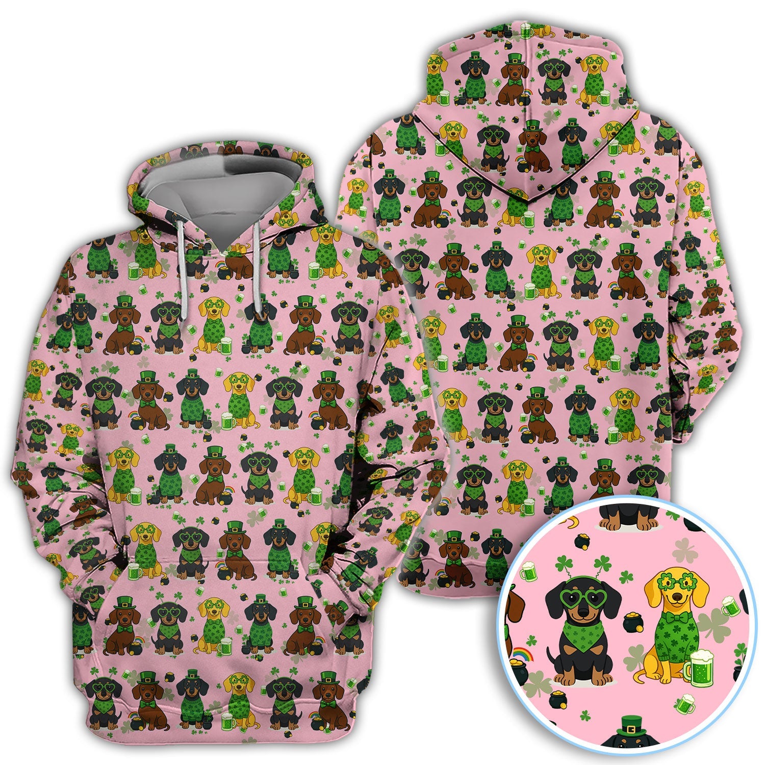 St. Patrick’s Day Dachshund Dog Pattern Golf Shirt, Funny Shamrock Dog Golf Polos For Men, Golf Gift For Golfer