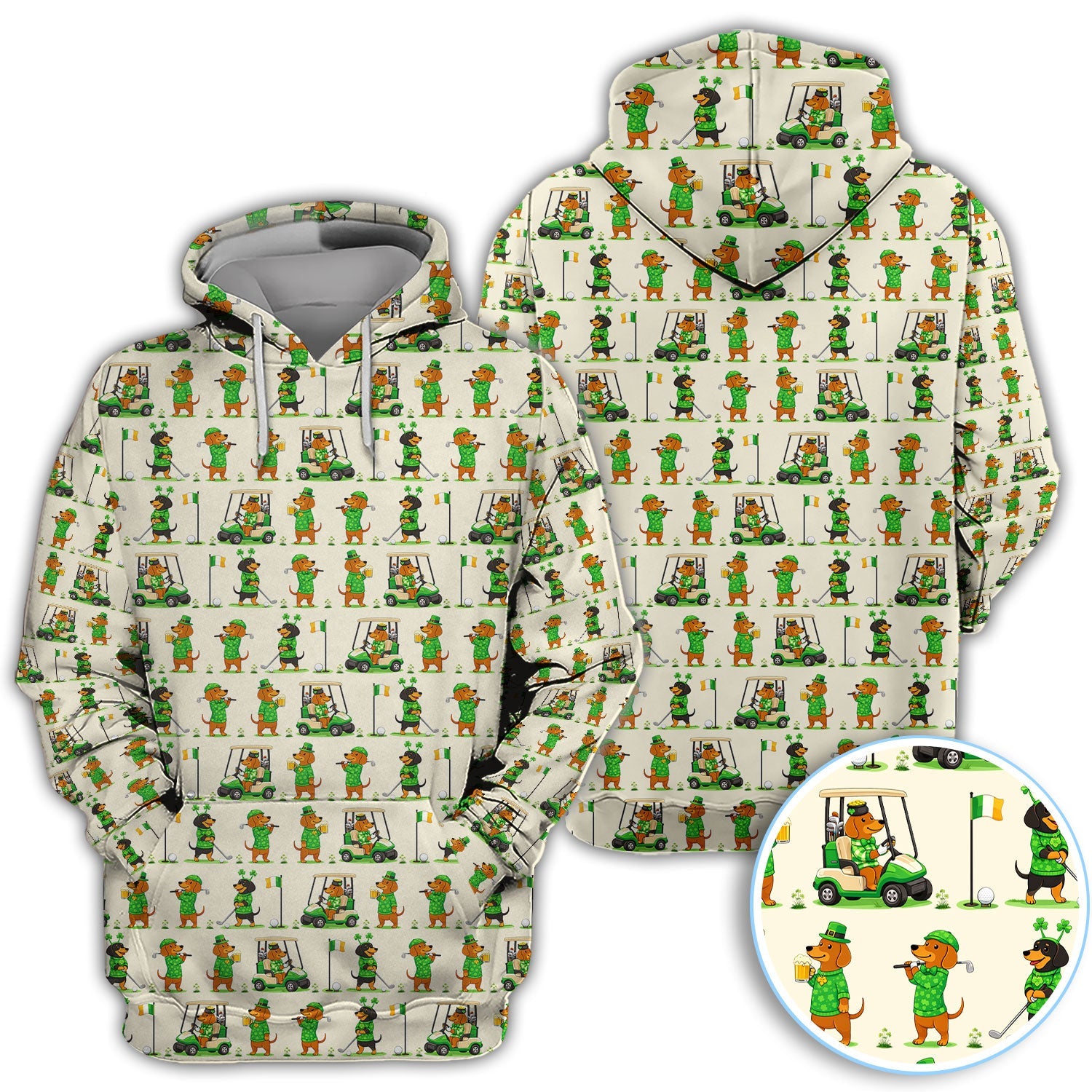 St. Patrick’s Day Dachshund Pattern Golf Polos, Funny Irish Wiener Dog Golf Shirt For Men, Golf Gift For Golfer