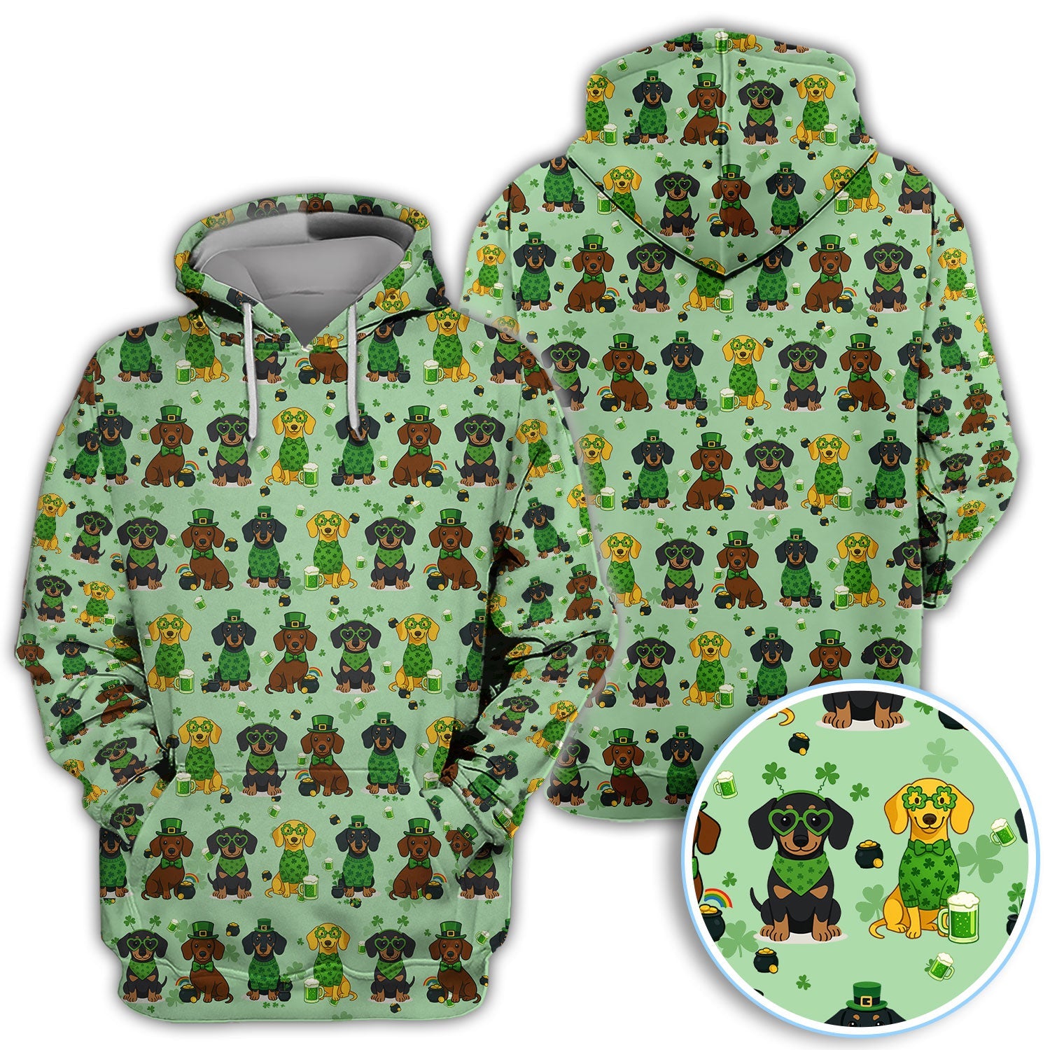 St. Patrick’s Day Dachshund Dog Pattern Golf Shirt, Funny Shamrock Dog Golf Polos For Men, Golf Gift For Golfer