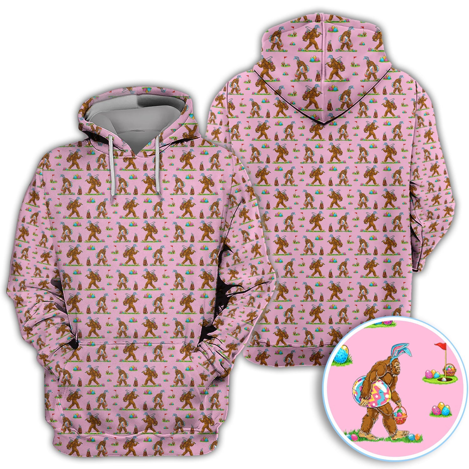 Bigfoot Easter Pattern Golf Polos, Bunny Sasquatch Golf Shirt For Men, Easter Day Shirt For Golfer