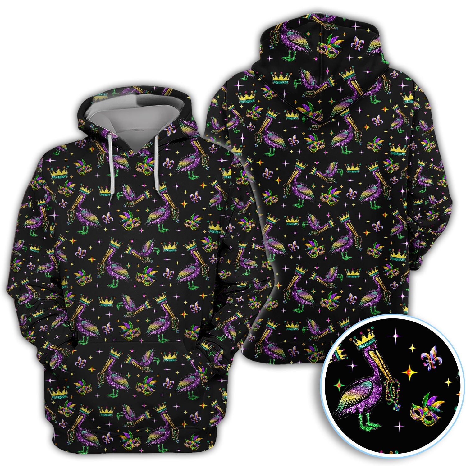 Mardi Gras Pelican Pattern Golf Polos, Funny Pelican Golf Shirt For Men, Crazy Golf Gift For Golfer