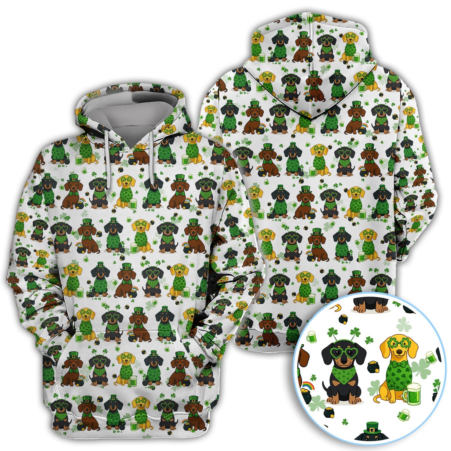 St. Patrick’s Day Dachshund Dog Pattern Golf Shirt, Funny Shamrock Dog Golf Polos For Men, Golf Gift For Golfer