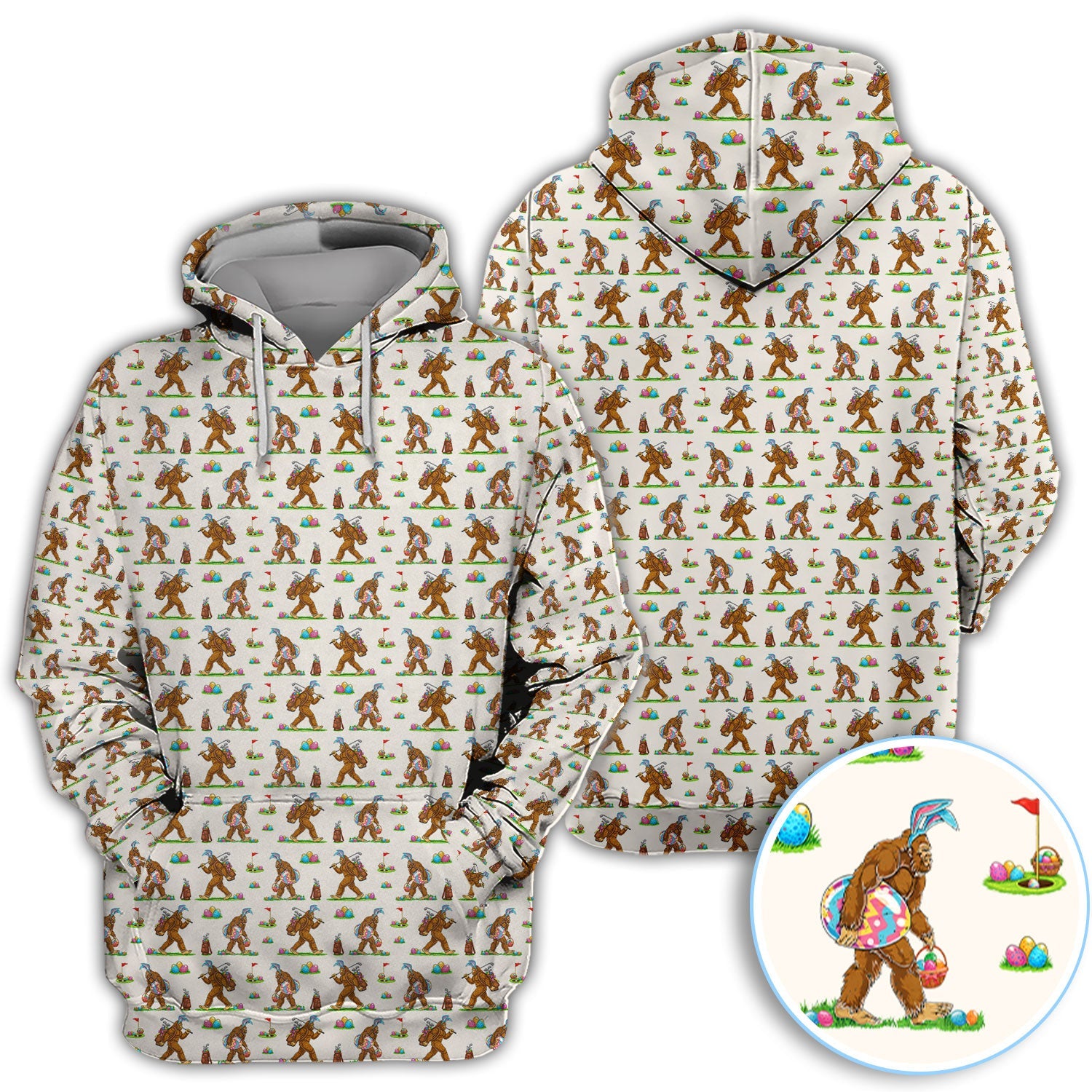 Bigfoot Easter Pattern Golf Polos, Bunny Sasquatch Golf Shirt For Men, Easter Day Shirt For Golfer