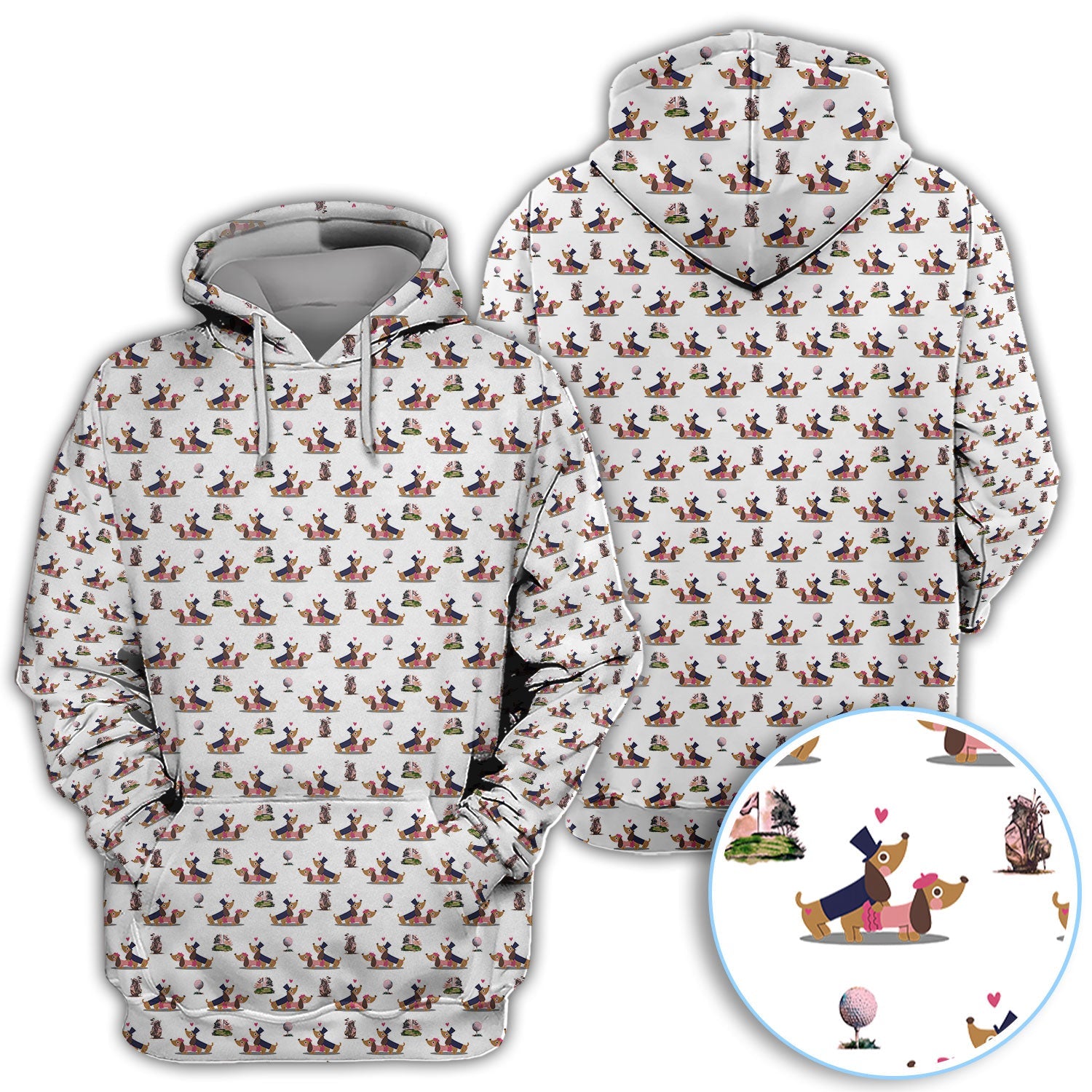 Dachshund Love Pattern Golf Shirt, Wiener Dog Golf Polos, Golf Gift For Golfer