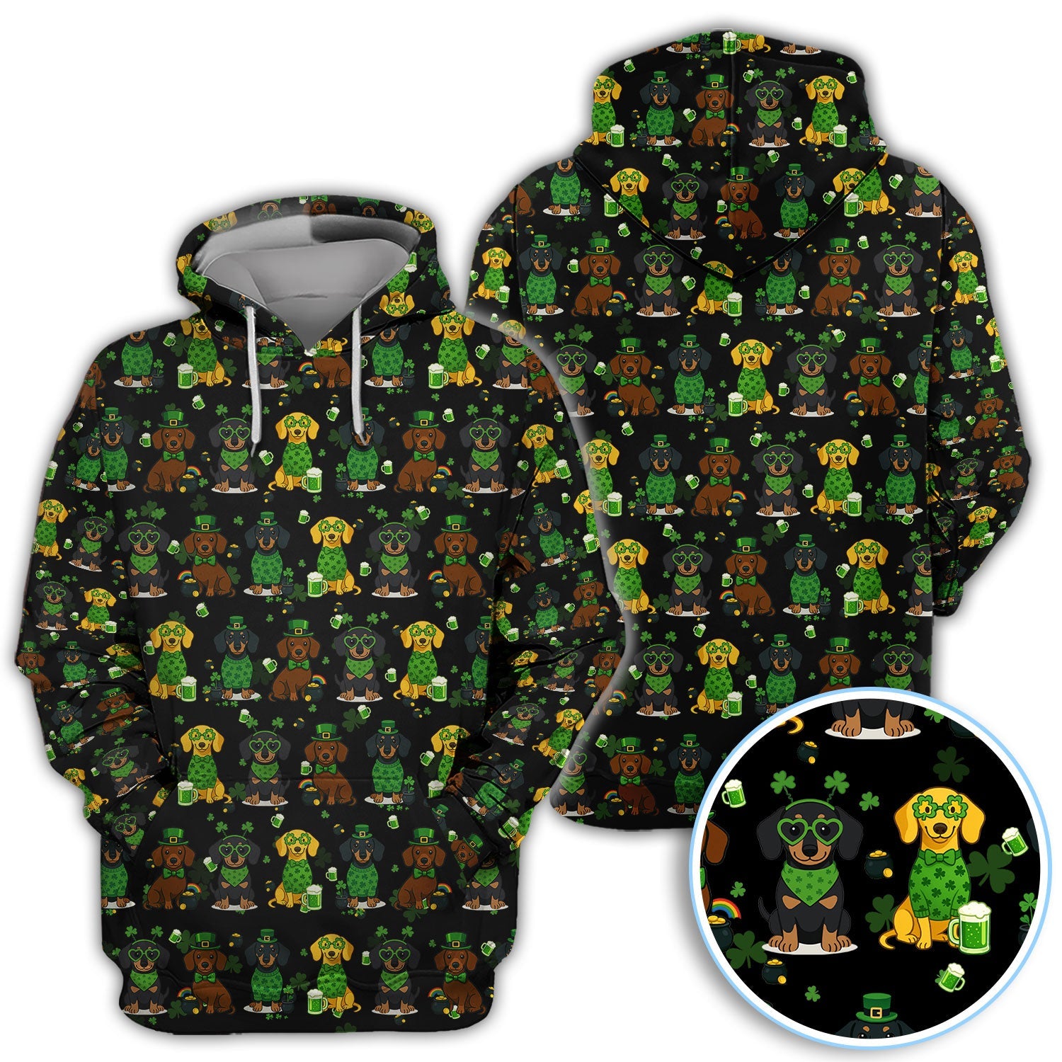 St. Patrick’s Day Dachshund Dog Pattern Golf Shirt, Funny Shamrock Dog Golf Polos For Men, Golf Gift For Golfer