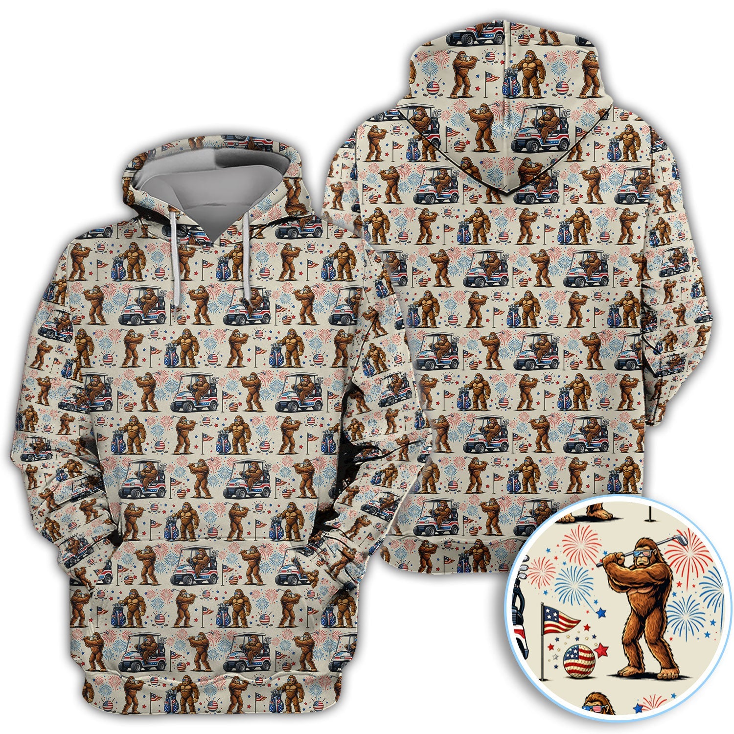Funny Bigfoot Golf Polos For Golfer, Sasquatch Patriotic USA Pattern Golf Shirt, Golf Gift For Men